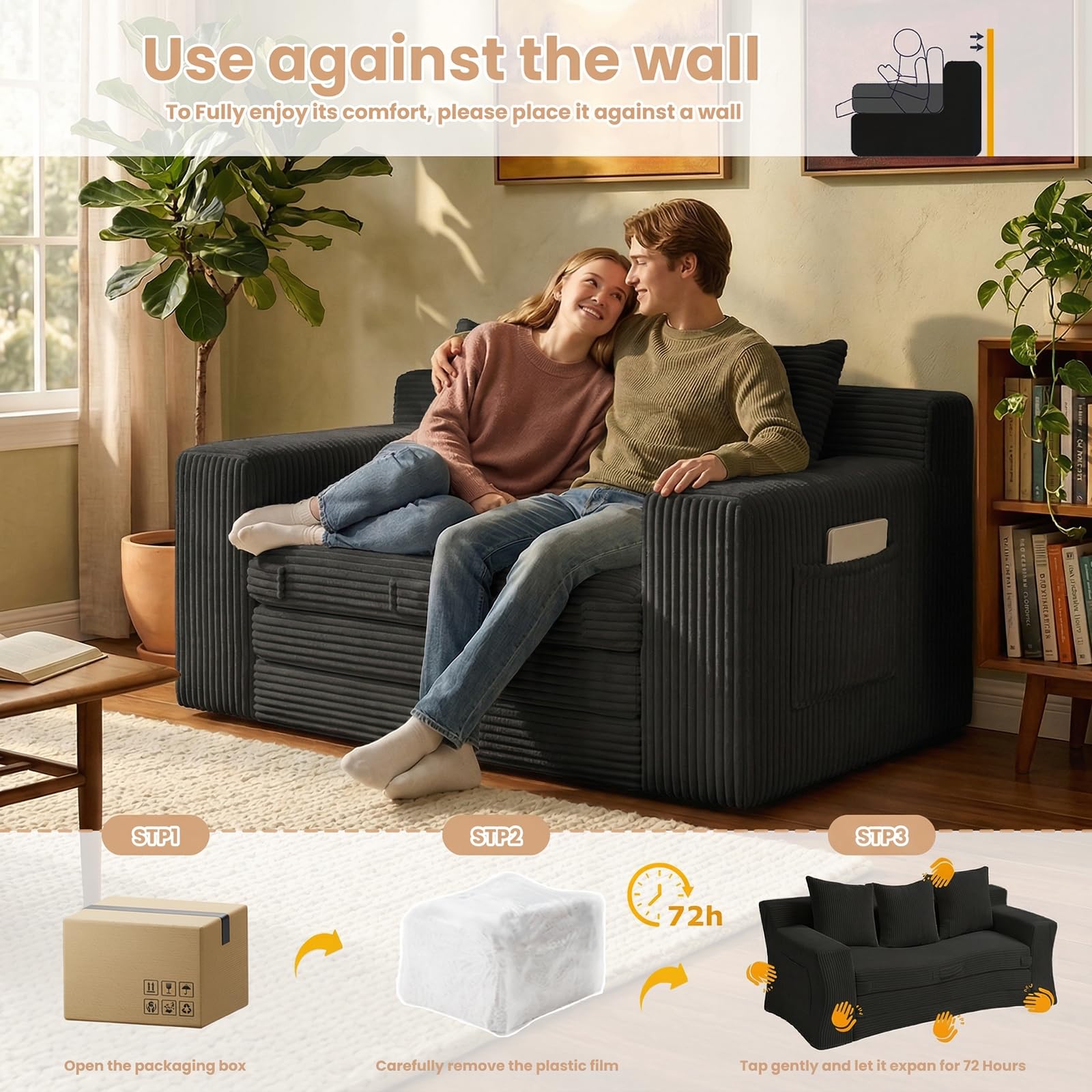 Boneless Loveseat Sofa Bed, Tri-Folding Convertible Futon Sleeper with Handle & Side Pockets, 54'' Boneless Couch with Hook and Loop No Assembly for Small Space,Living Room & Bedroom