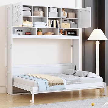 SOFTSEA Queen Size Horizontal Murphy Bed with Shelves, Foldable Wall Bed Frame with Top Cabinets, Space-Saving Hidden Murphy Bed with Diamond Stripes for Guest Room, Bedroom, Office, White