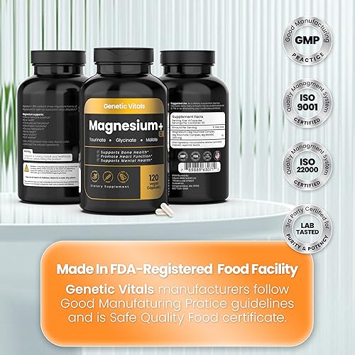 Miniatura 7 de Triple Magnesio Complejo 300mg - Glicinato de magnesio de alta absorción, taurato y malato - Sin gluten y vegano - 120 cápsulas