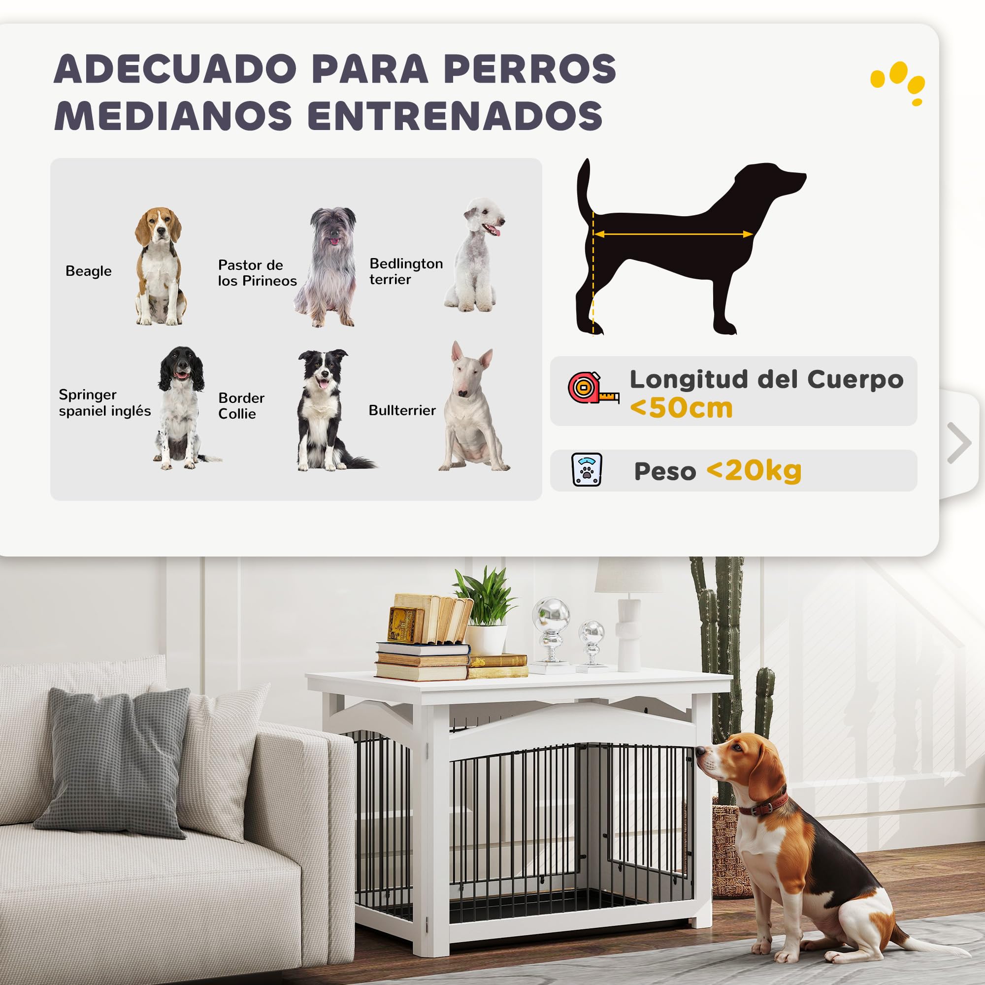 PawHut Jaula para Perros Medianos 3 en 1 Mesa Auxiliar Barrera para Perros con Puerta con Pestillo Tapa Superior Desmontable y Bandeja Extraíble 82,5x57,5x59,5 cm Blanco