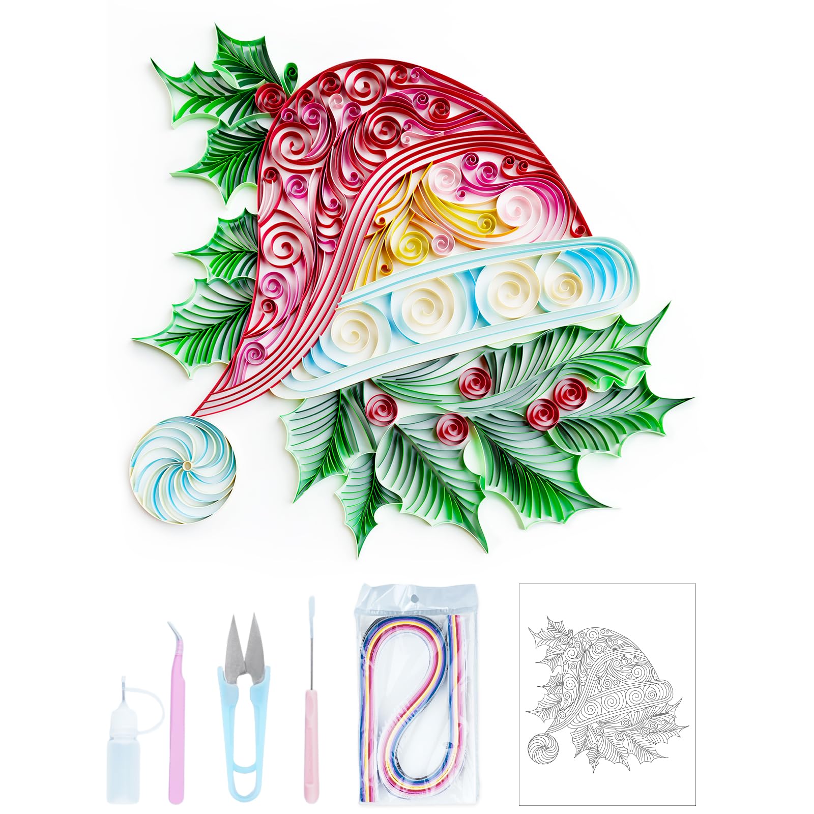 Uniquilling Quilling Kit, Christmas Gifts Paper Quilling Kits for Adults, 16 * 20-in Santa Hat Paper Filigree Painting Kits, DIY Kits for Adults with Quilling Tools& Using Manual, Modern Wall Art
