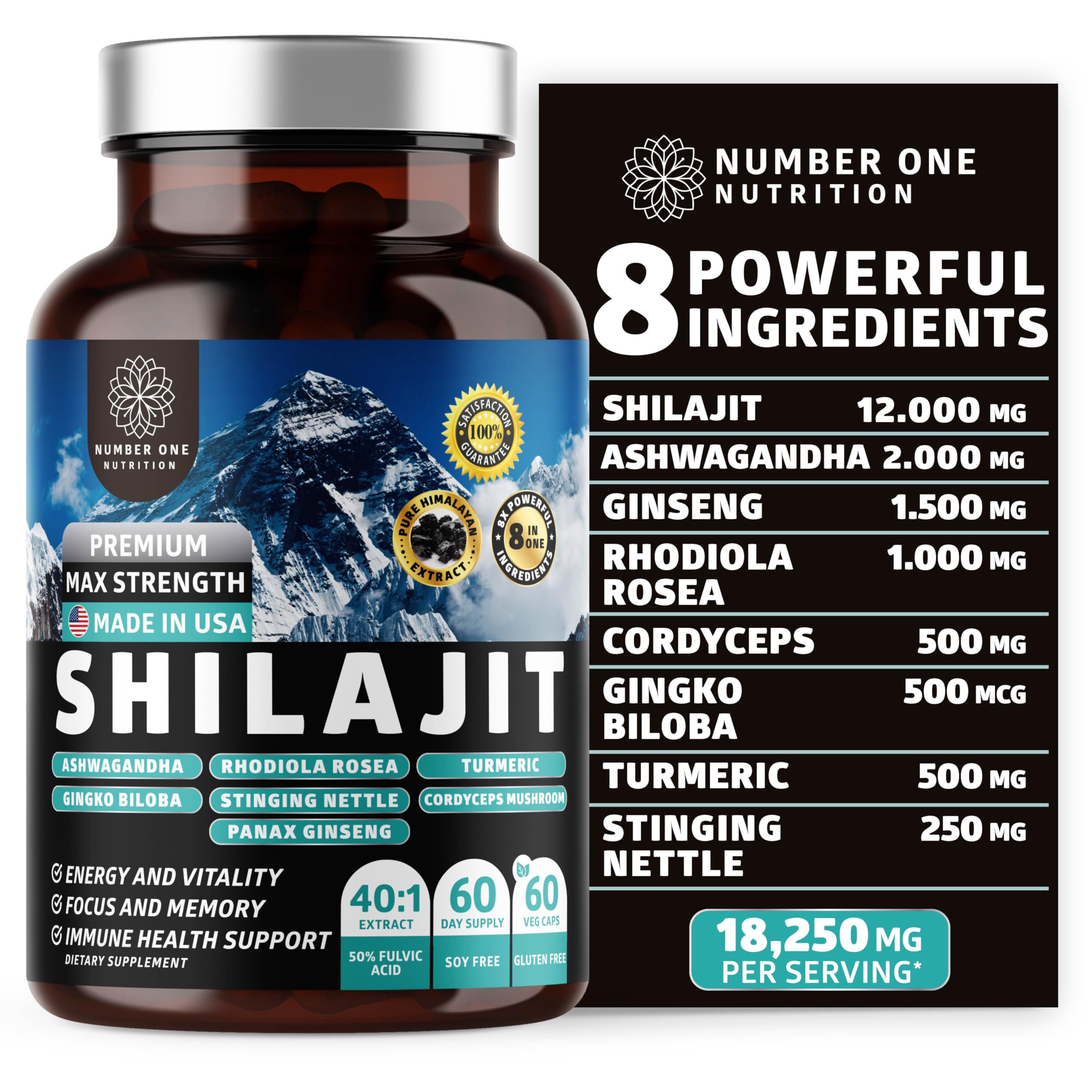 Shilajit Complex 8-in-1, 50% Fulvic Acid, Ashwagandha Rhodiola, 60 Caps