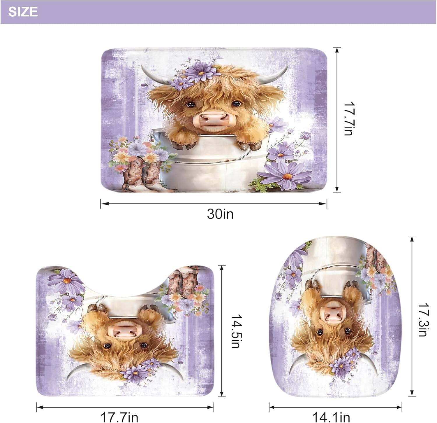 Riyidecor Purple Highland Cow 4Pcs Bathroom Shower Curtain Sets Western Rustic Daisy Floral Bathroom Decor Set with Rugs and Accessories Cute Toilet Lid Rug, Contour and Bath Mat with 12 Hooks