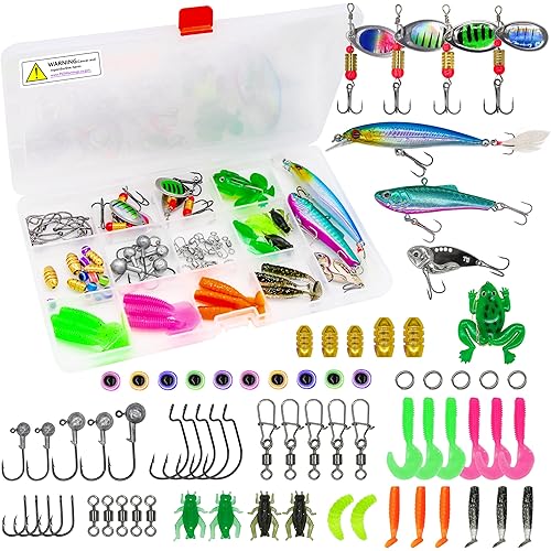 Fishing Lure Bait Tackle Set for Saltwater Freshwater Bass Fish, Including Jig Hooks, Spoon Lures, Crankbait, Soft Plastic Worms, Frog Lure, Fishing Gear Kit