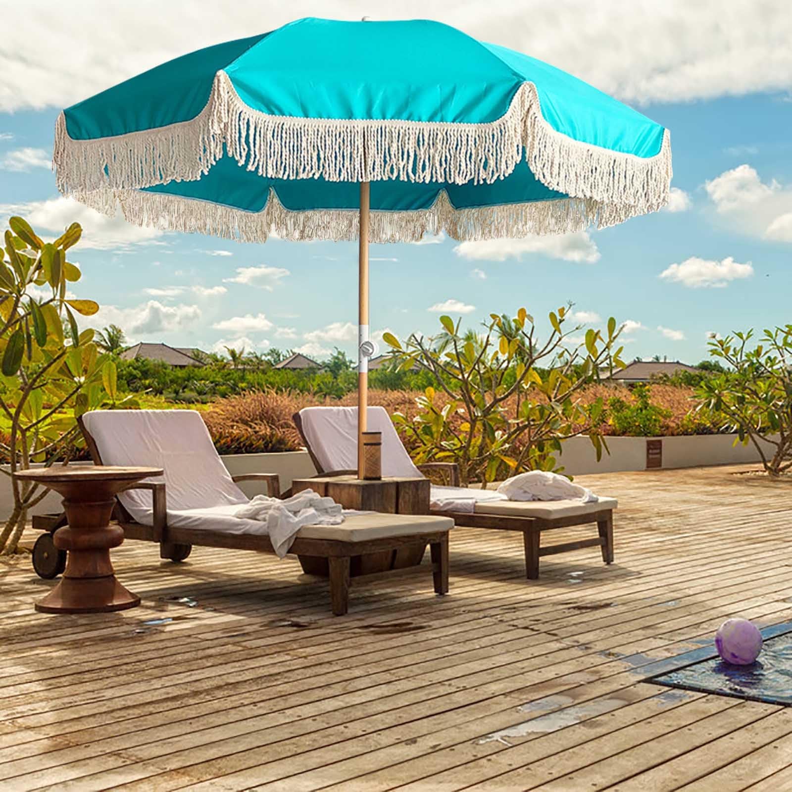 Ombrellone da spiaggia Boho regolabile da 180 cm, blu e verde, compatto, antivento, con frange, ideale per patio, piscina, giardino e giardino, con borsa per il trasporto.