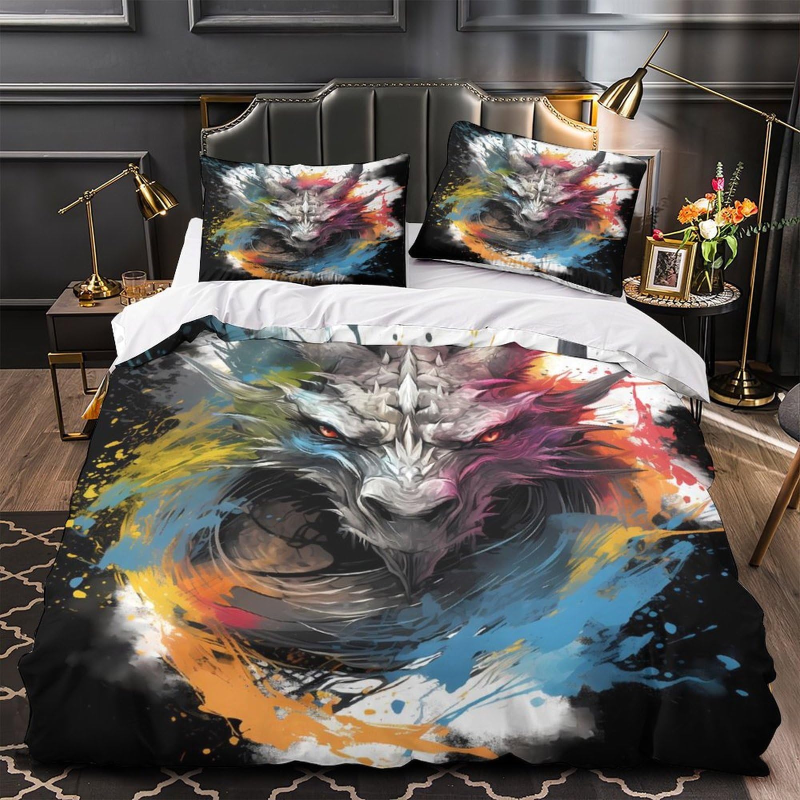 Housse de couette dragon 3D hypoallergénique et douce pour lit King