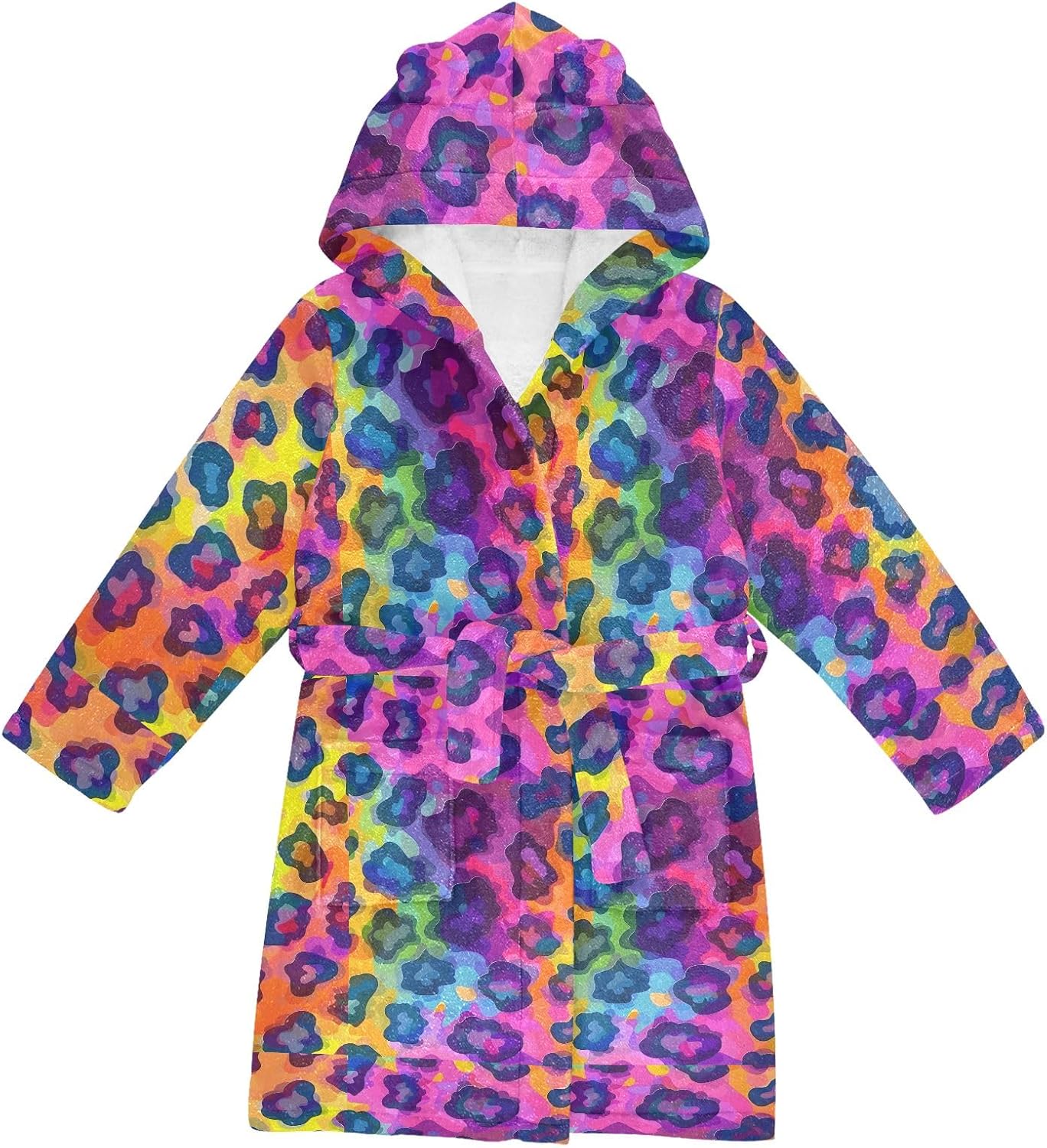 Leopard Colorful Print Toddler Hooded Bathrobe for Boys Girls Soft Plush Bath Towel Robe 2-12 Years