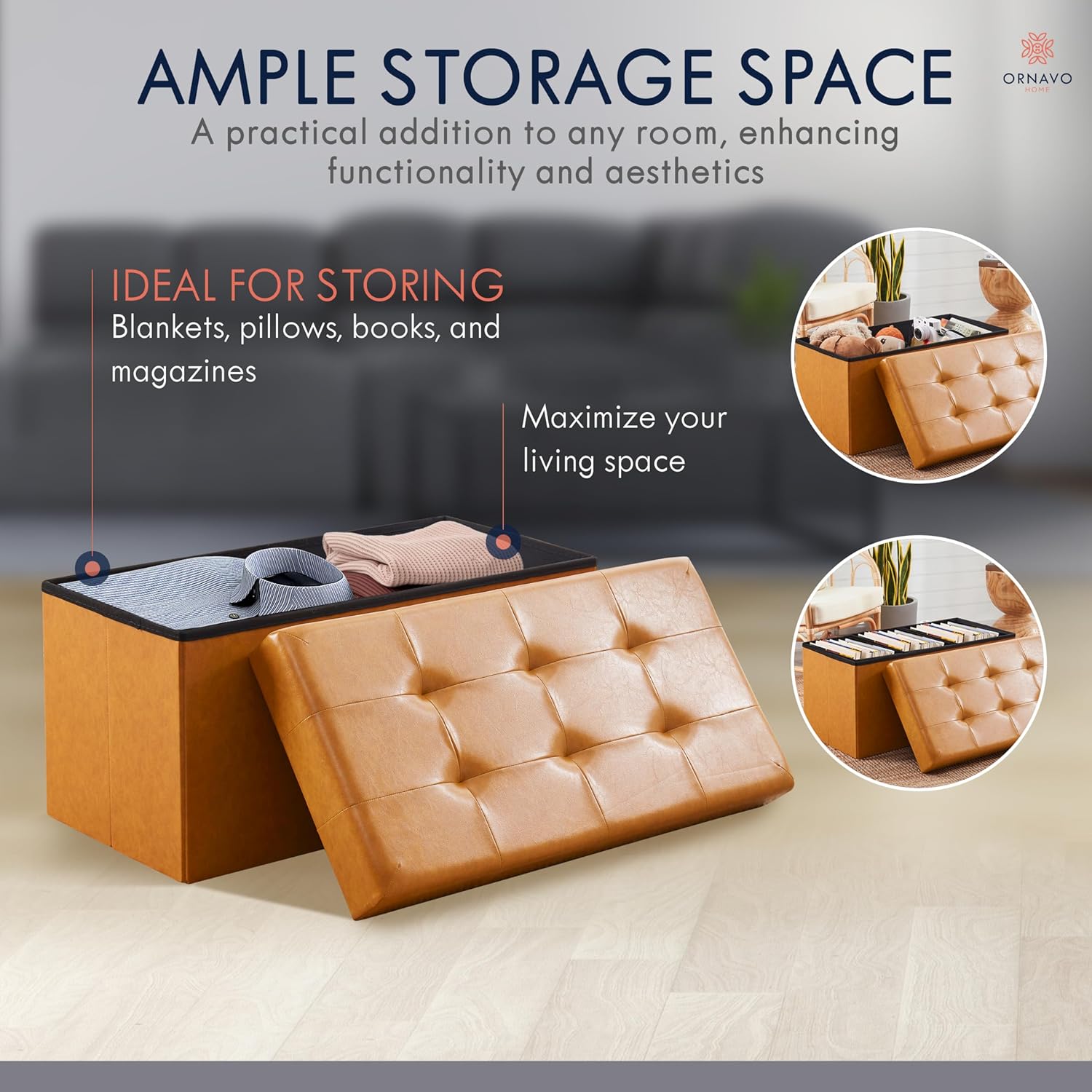 Cognac Faux Leather Tufted Foldable Storage Ottoman Bench