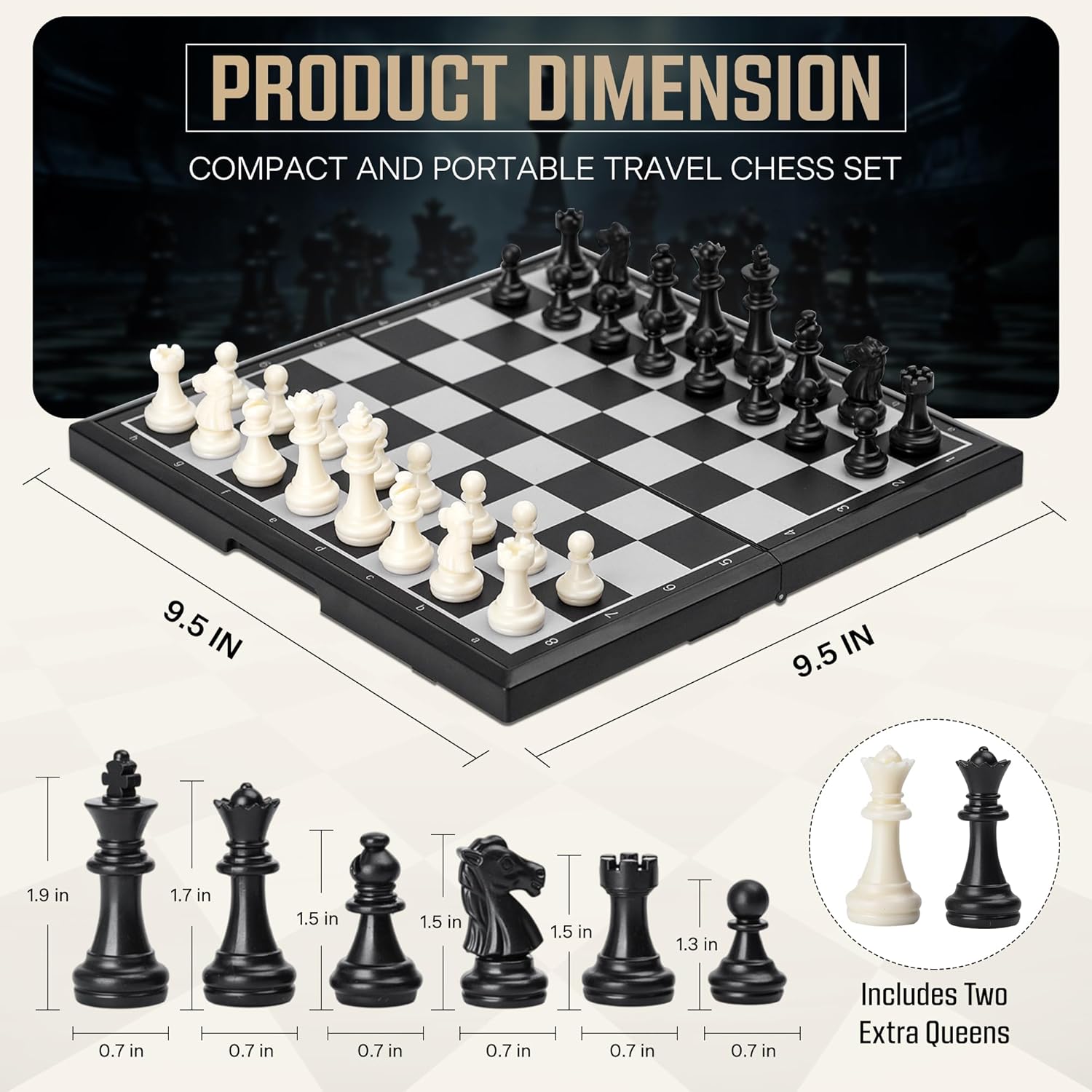 Magnetic Chess Set, 9.5” Foldable Board with Storage, Staunton Pieces, 2 Extra Queens, Travel Chess Game for Kids and Adults