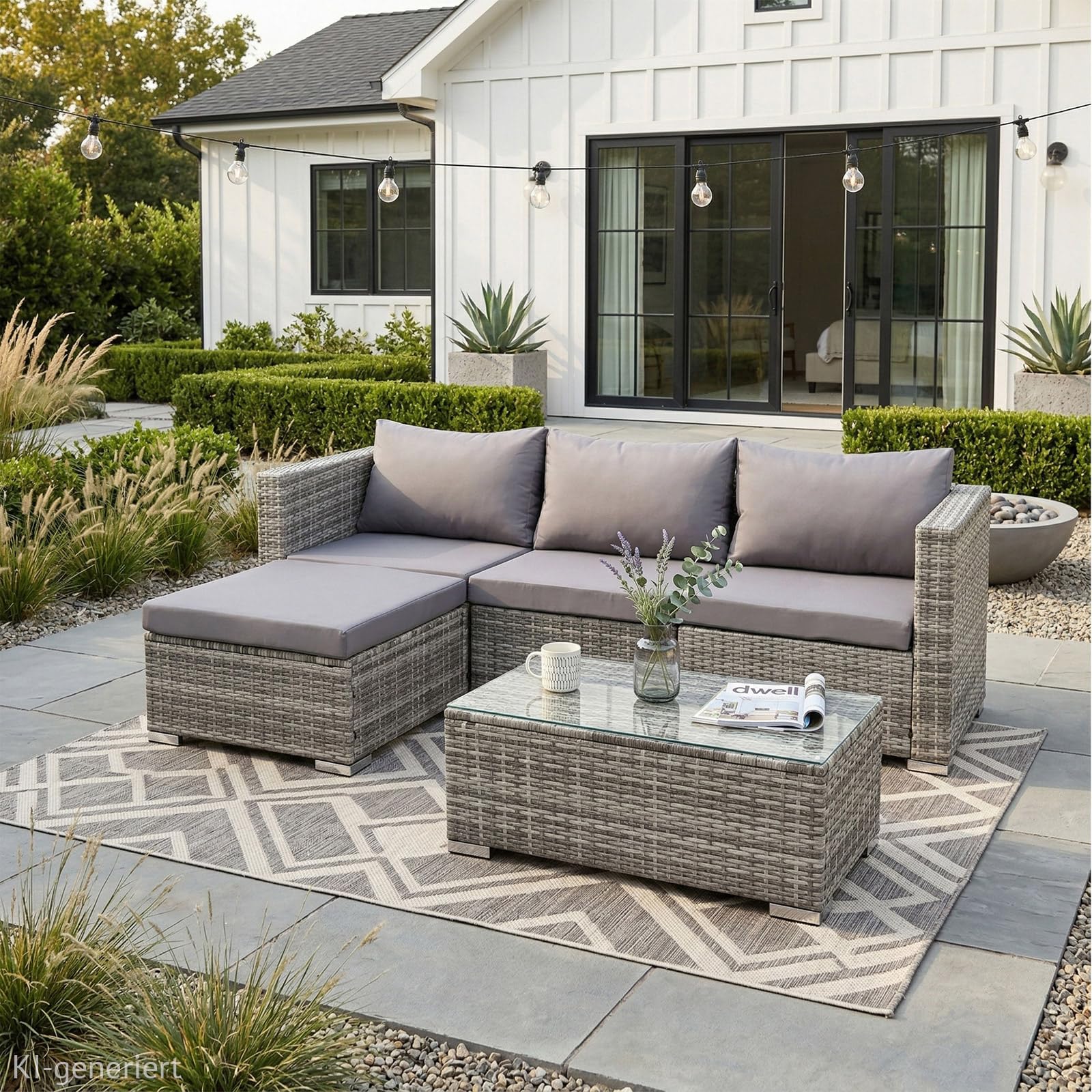 SVITA Queens Gartenlounge 5-teilig Polyrattan Lounge Set wetterfest Garten Terrasse Balkon inkl. Kissen Glas Tisch Grau