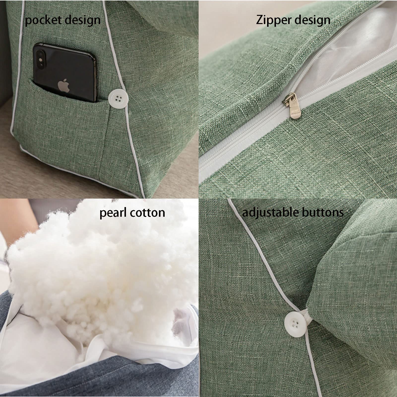 Almohada de lectura y televisión, cojín de cuña para la espalda con almohada de cuello ajustable y bolsillos, almohada de lectura con soporte lumbar triangular para sofá cama para libros, juegos o mi