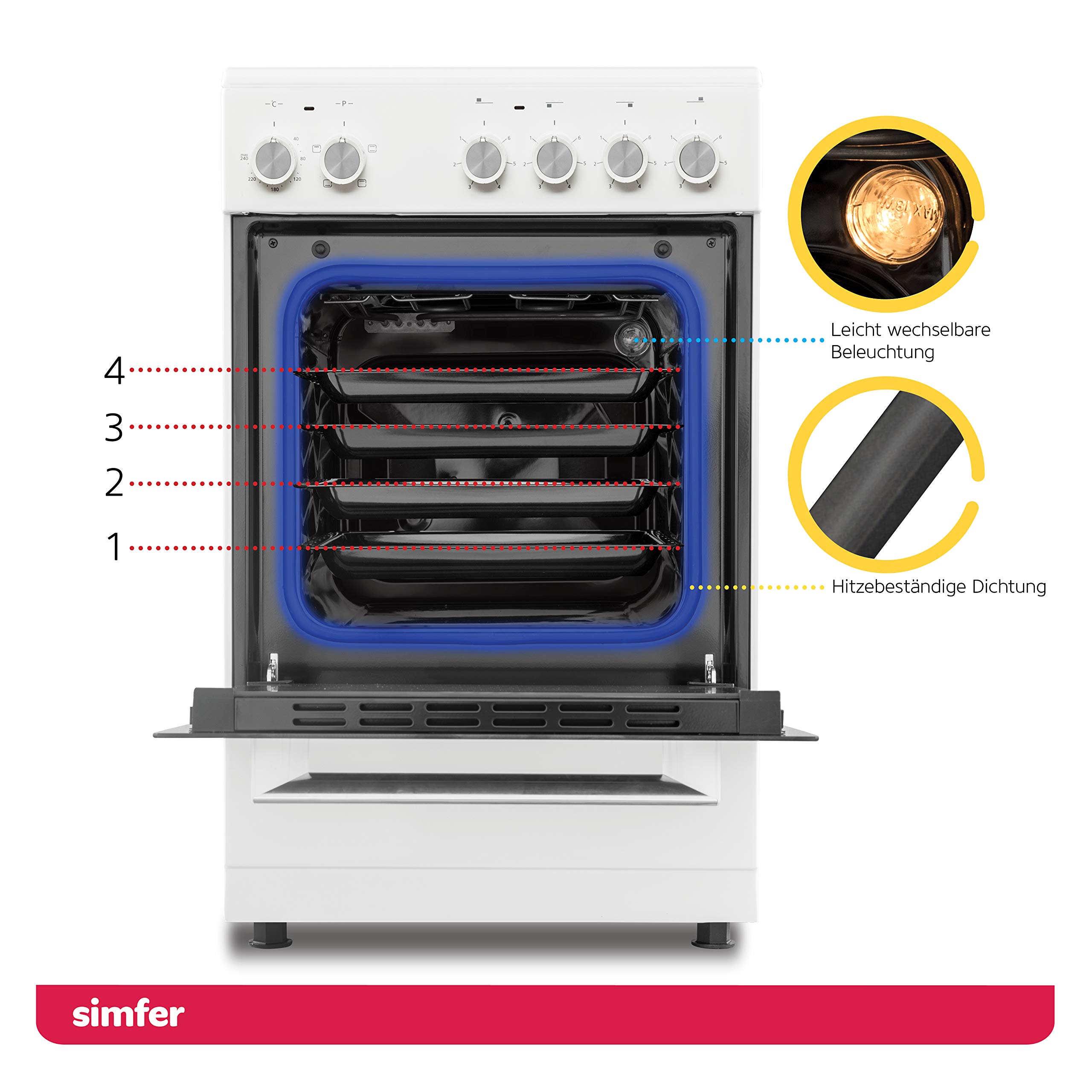 Simfer Standherd 50 cm mit Glaskeramik-Kochfeld SMF-FS 4227, 48 Liter, Elektroherd, 4 Hilight-Zonen, Grillfunktion, Backraumbeleuchtung, Backofentür, 498 x 610 x 860mm (B, T, H)