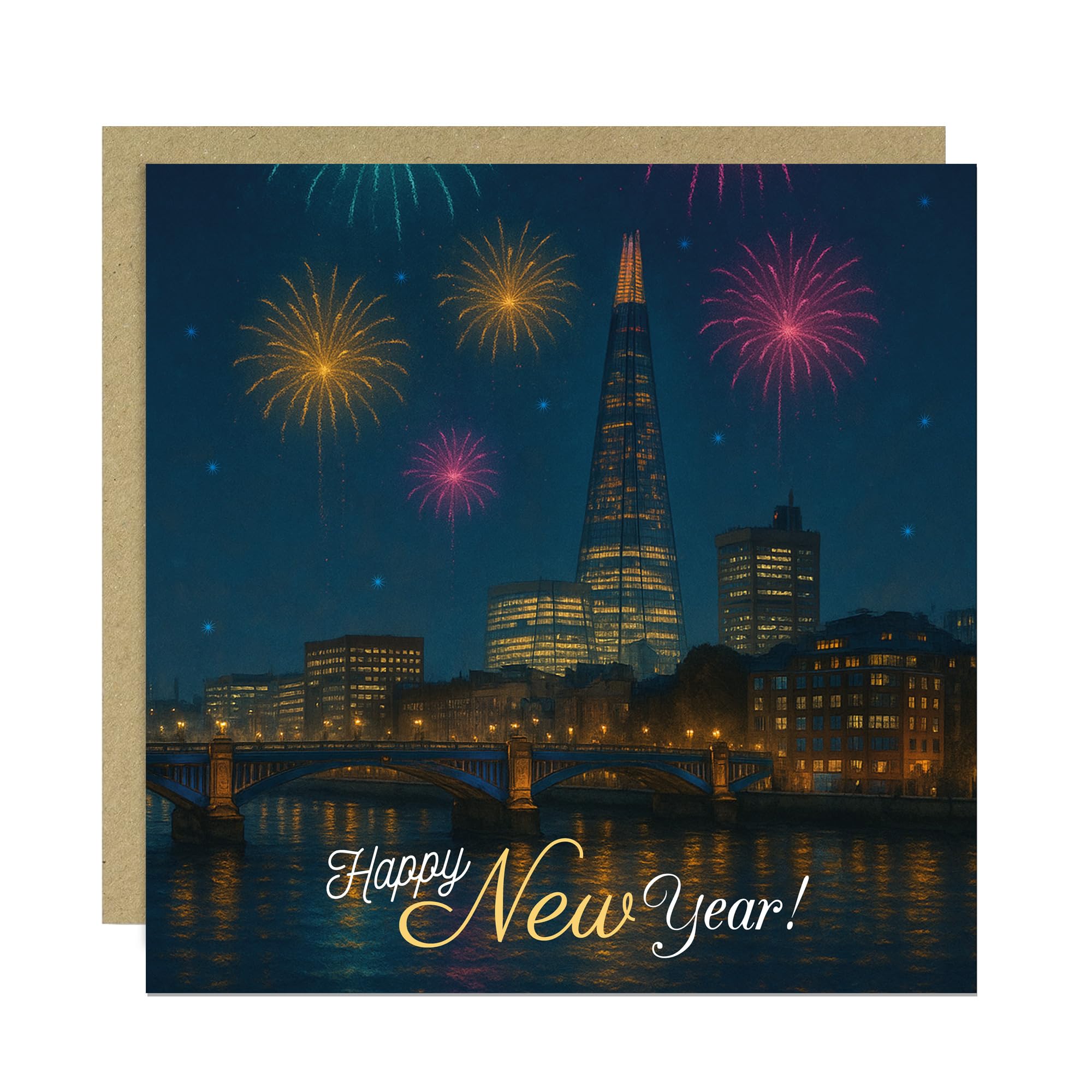 RED OCEAN New Year Card For Family and Friends London New Years Eve Fireworks Scene Cards For Him Her 145x145mm With Kraft Envelope