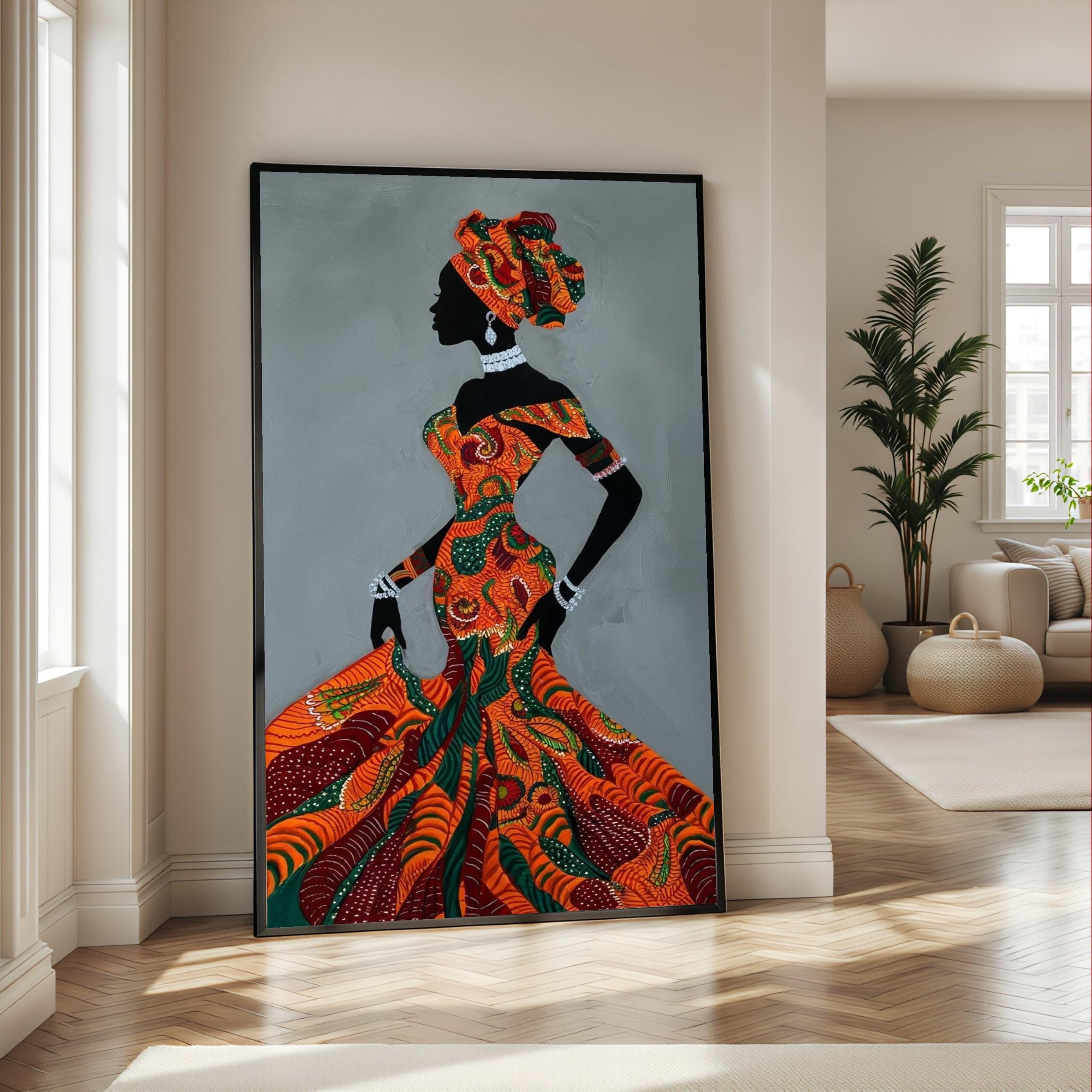LMYCHENG Elegant African Woman Canvas Wall Art, Traditional Dress Posters, Ethnic Silhouette, Colorful Painting Home Decor(45x80cm/Frameless)