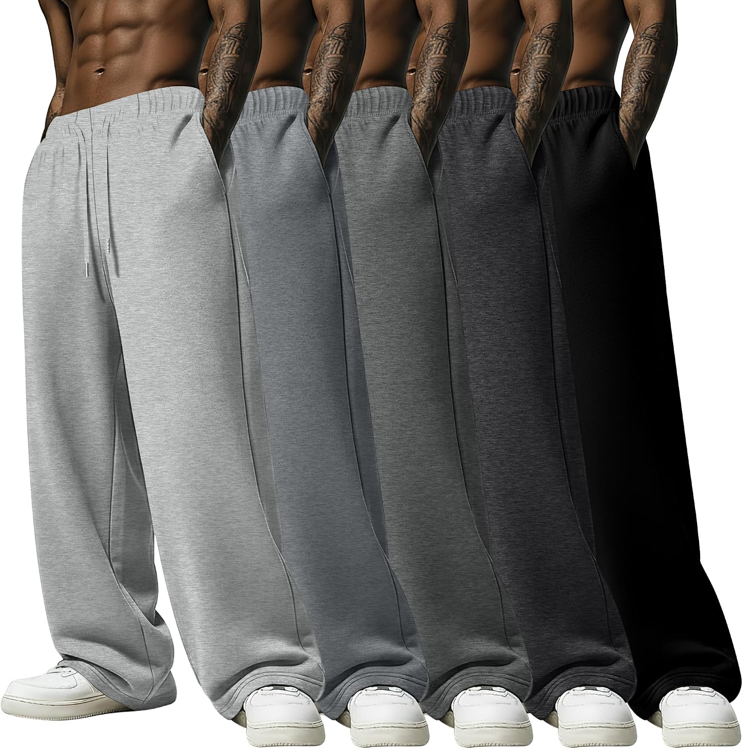 5 Pack Men's Lightweight Baggy Sweatpants Straight Leg Open Bottom Drawstring Pants with 3 Pockets