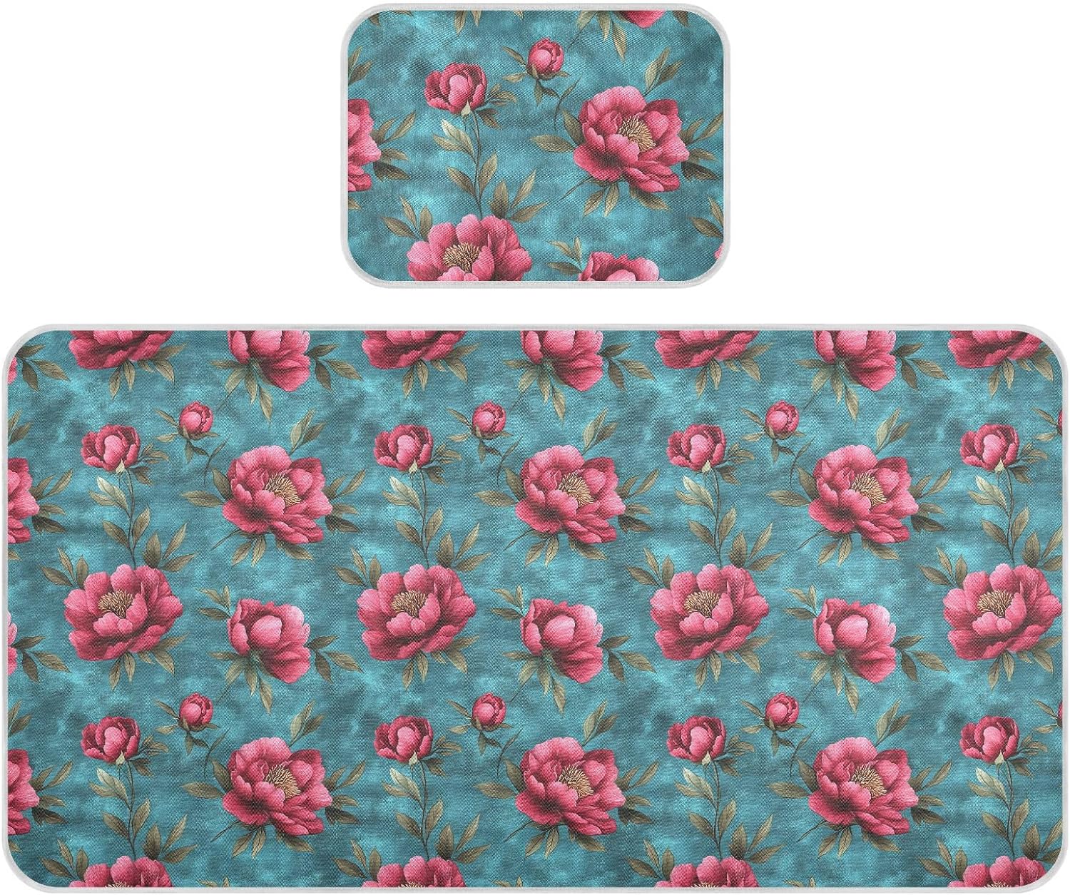 Cooling Baby Mattress Cover 28" x 52" Ultra Soft Art Peonies Flower Teal Red Mattress Pads for Baby&Toddler