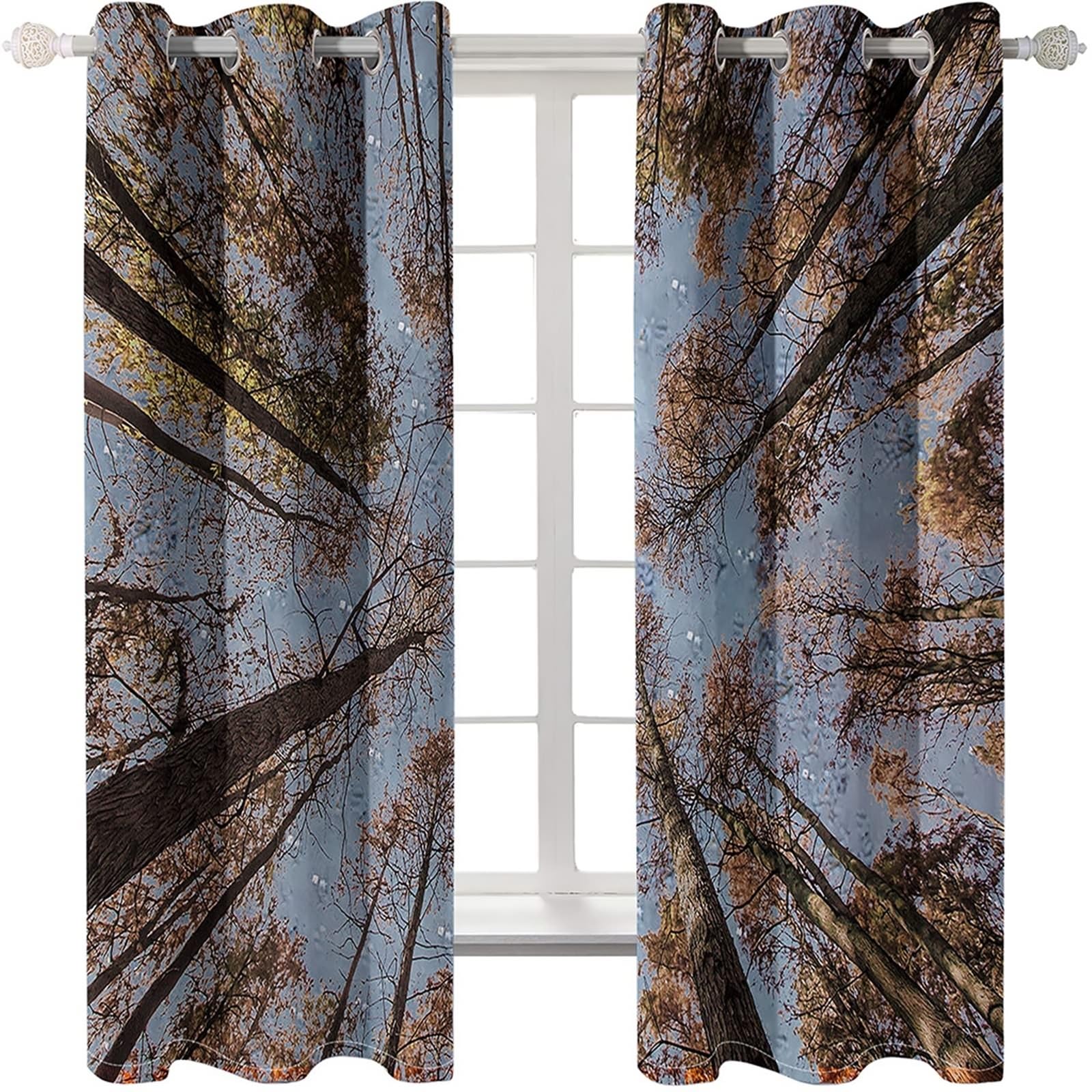 Wycian Küchenvorhänge Vorhang Grau Braun 2 Er Polyester Himmel und Bäume H138 X B102Cm für Schlafzimmer