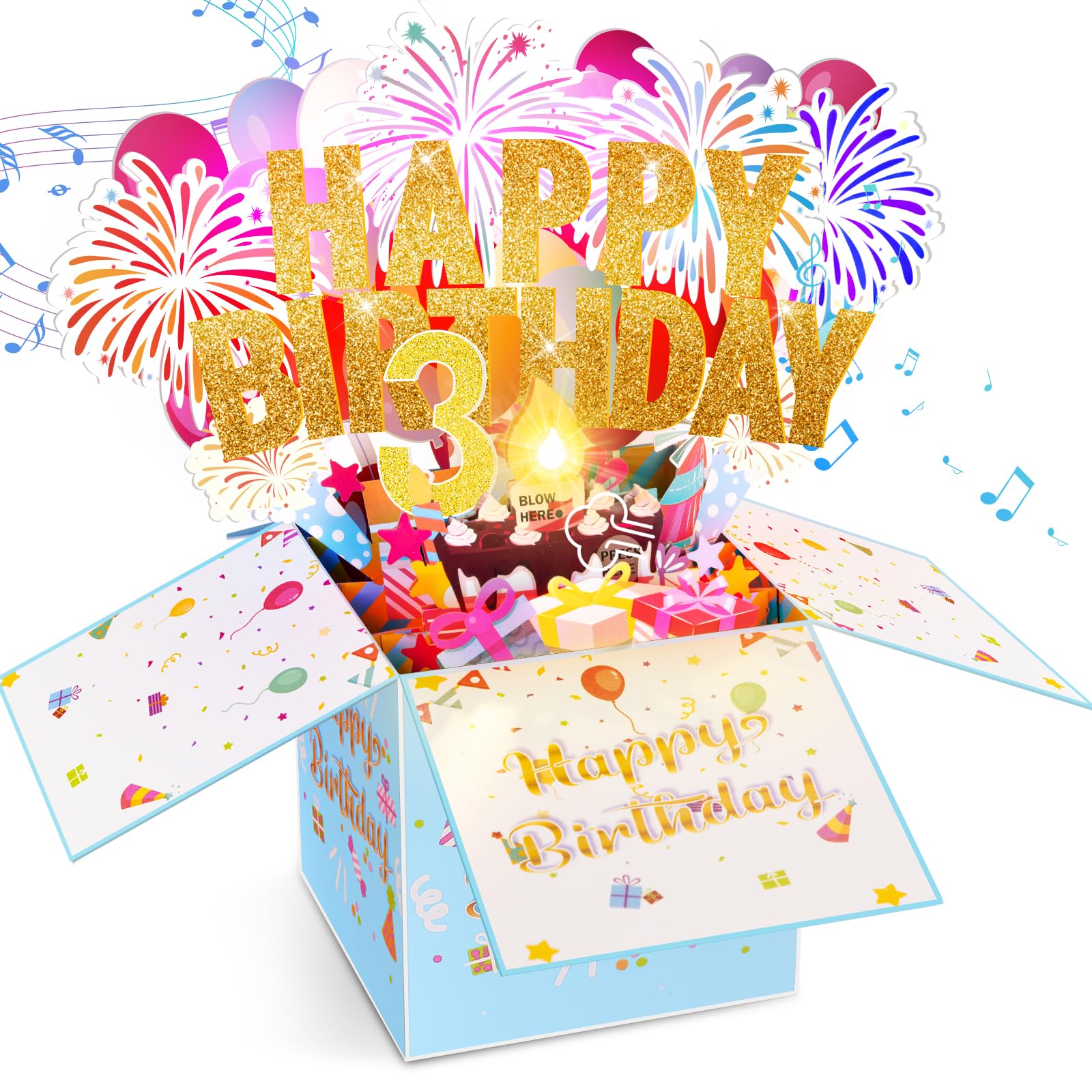 Tnvee 3RD Birthday Cards with Lights Music, 3D Pop Up Singing Happy Birthday Greeting Cards Gifts Ideal for 3 Year Old Kids Boy Girl