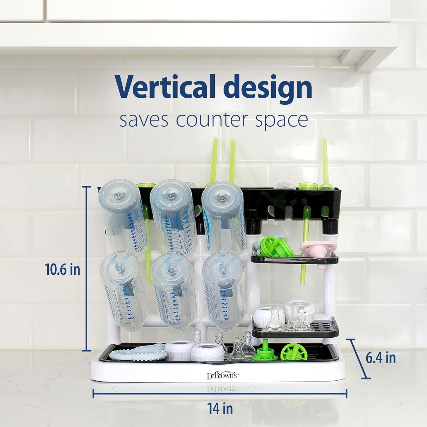 Dr. Brown's Baby Bottle Drying Tower, Stand-Up Drying Rack, Blue/White Sink Caddy for Baby Bottles & Parts with Two Brush Holders, Over the Sink Storage, Drying Rack, Organizer, BPA-Free