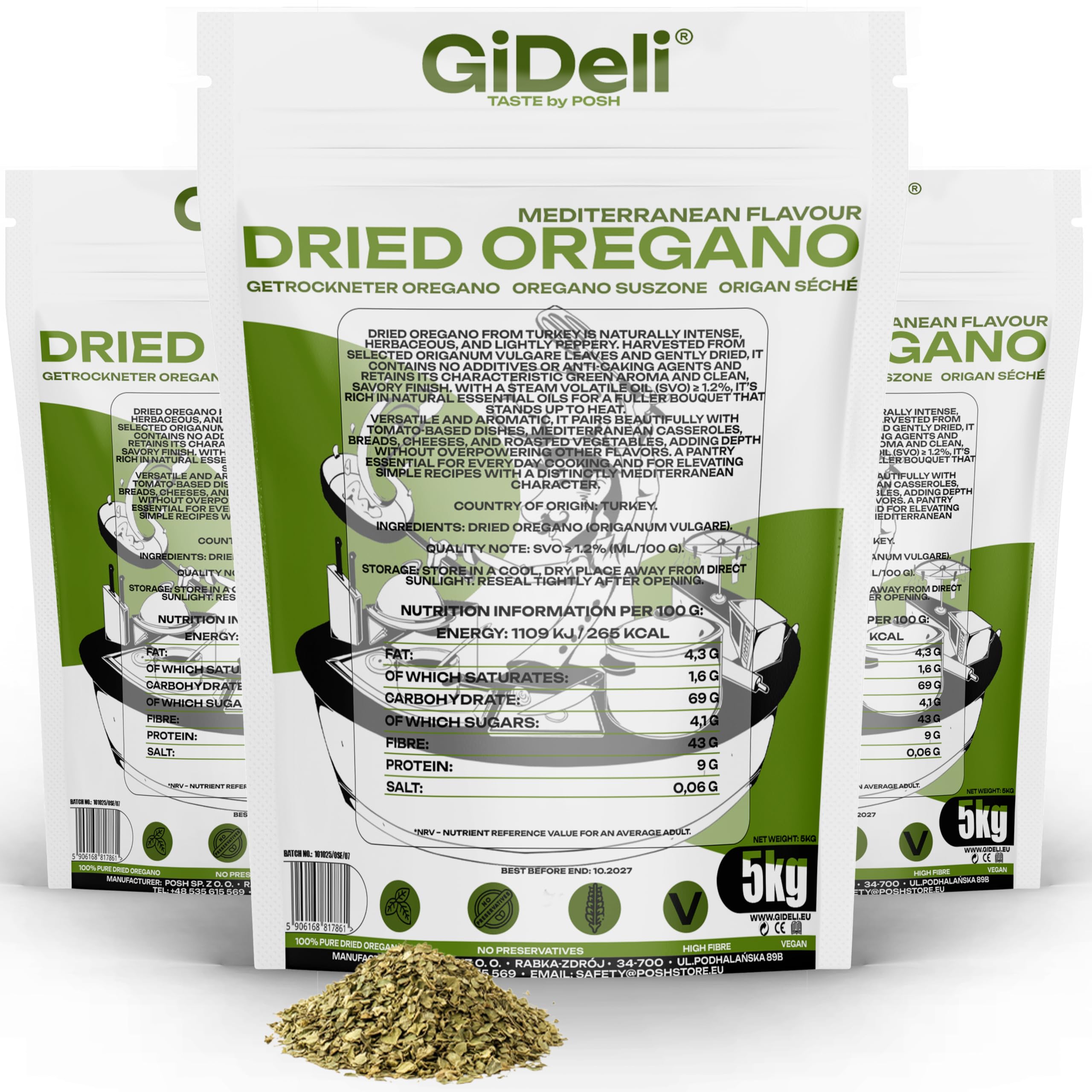 GiDeli Oregano 3 x 5kg - Getrocknete Oregano Blätter- Türkisches Gewürz für Italienische Küche - Pasta Fisch Pizza Suppen Salat und Fleischgerichte