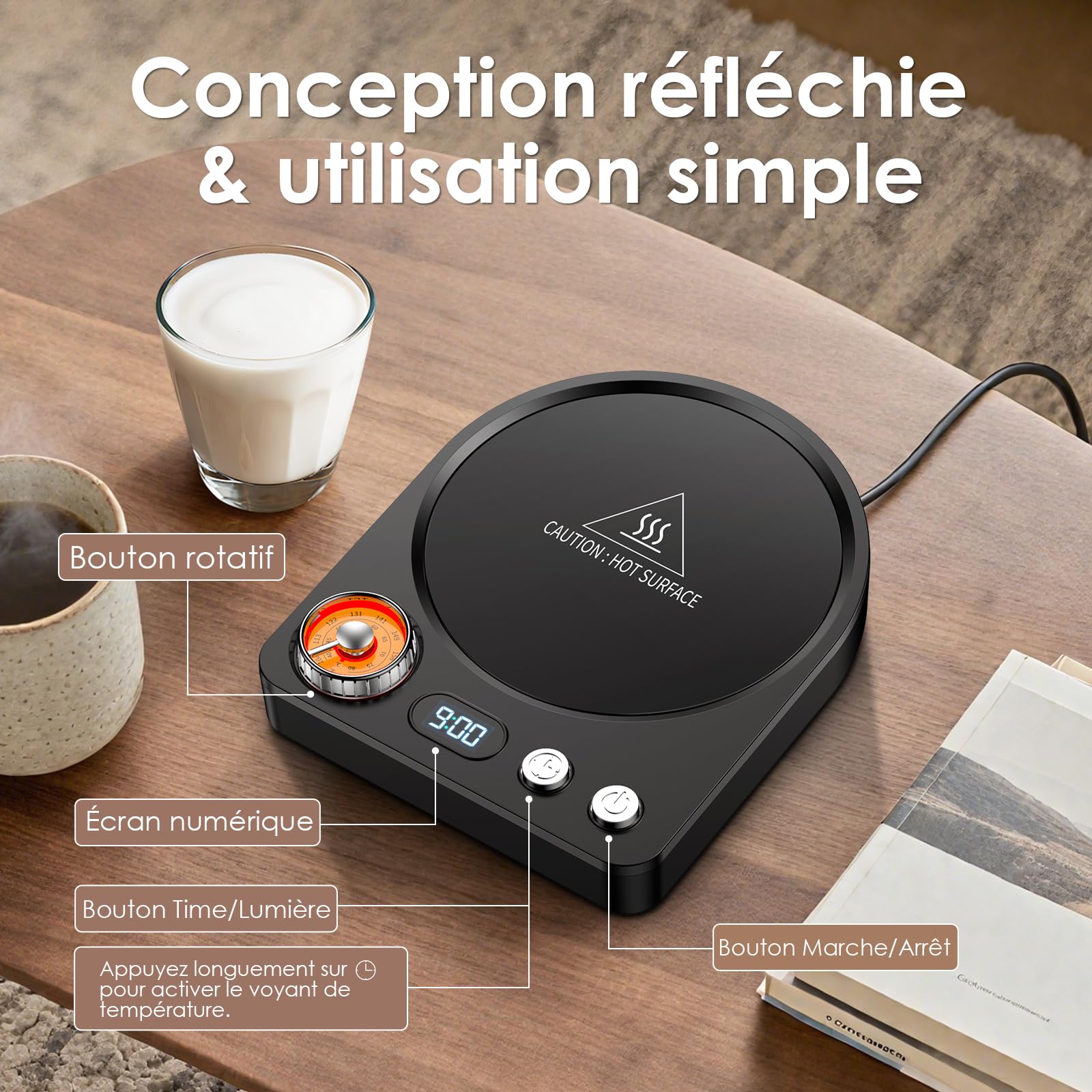 Accwork Chauffe Tasse Bureau Contrôlé par Bouton Rotatif à 9 Niveaux de Température, Réchauffe Tasse avec Minuterie 0.5-9H Arrêt Automatique, Maintenir au Chaud Le Thé, Le Lait et Le Café