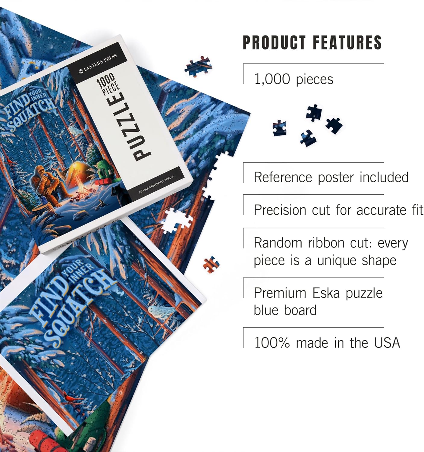 Lantern Press Bigfoot Puzzle 1000 Piece for Adults – Sasquatch Camping Scene, Hand-Drawn Forest Artwork, Made in USA Jigsaw Puzzle with Poster