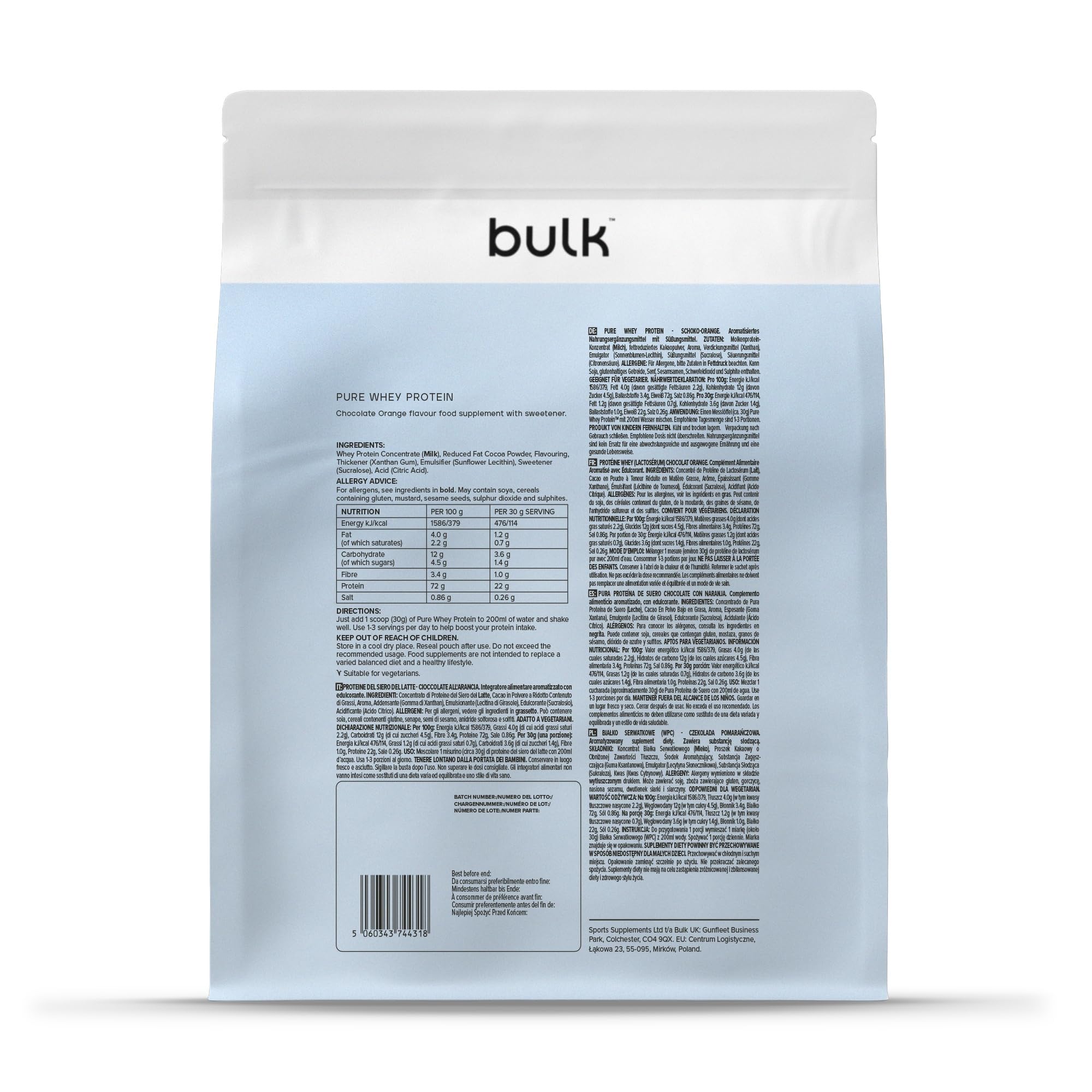 Bulk Pure Whey Proteína en Polvo, Chocolate & Naranja, 2.5kg