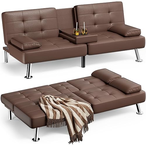 Homall Futon Sofa Bed, Leather Futon Couch with Removable Armrests, Adjustable Recliner Sleeper Sofa Bed with Dual Cup Holders for Living Room, Apartment, Office (Brown)