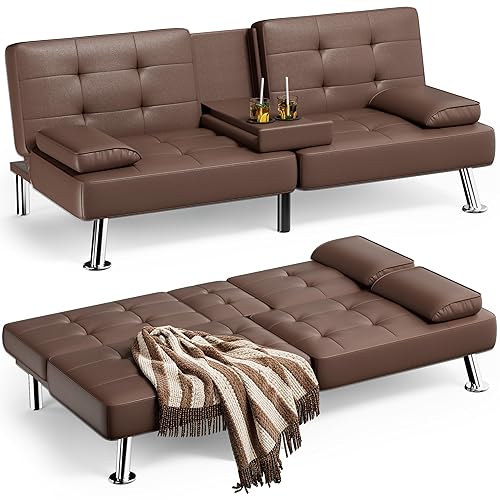 Homall Futon Sofa Bed, Leather Futon Couch with Removable Armrests, Adjustable Recliner Sleeper Sofa Bed with Dual Cup Holders for Living Room, Apartment, Office (Brown) - Brown