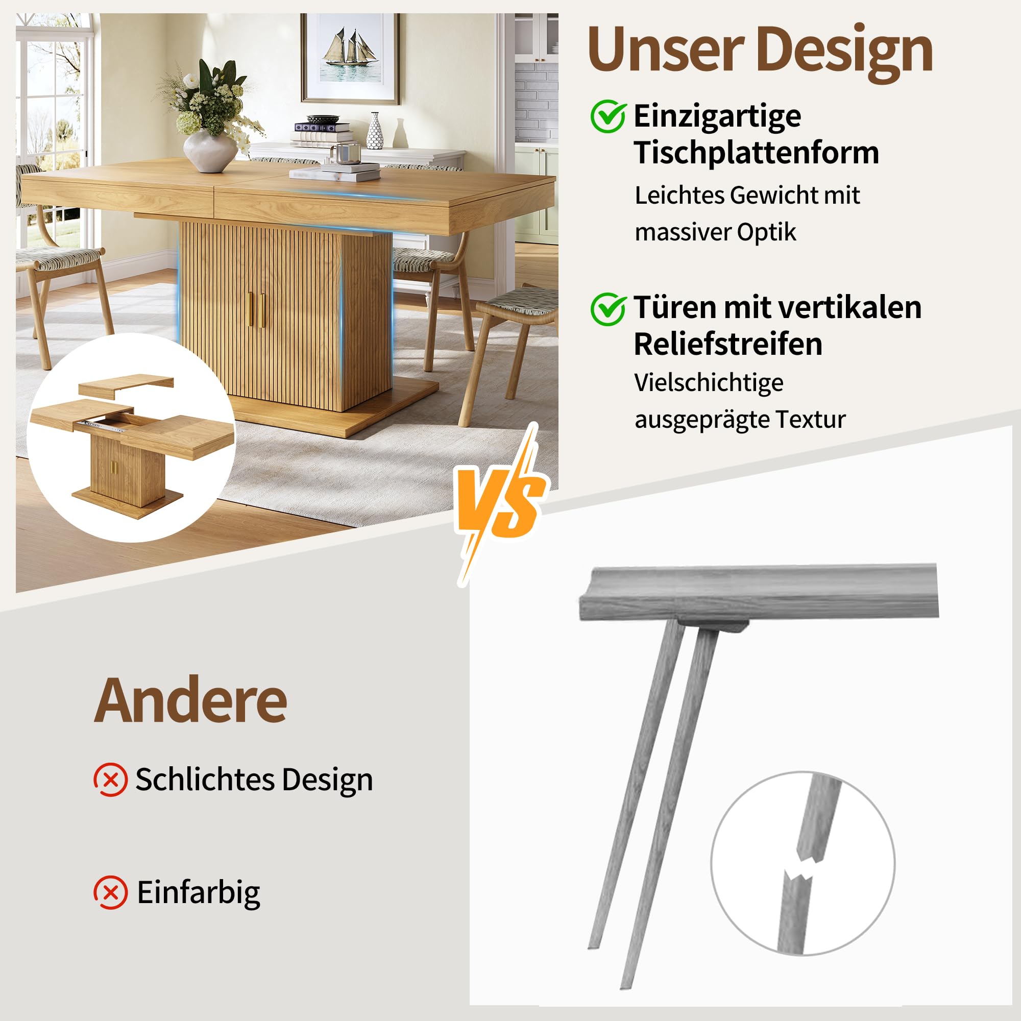 Mesa de comedor extensible con espacio de almacenamiento integrado de 140 a 180 cm, puertas estriadas verticales, estantes extraíbles, ahorro de espacio, para cocina, salón, roble claro