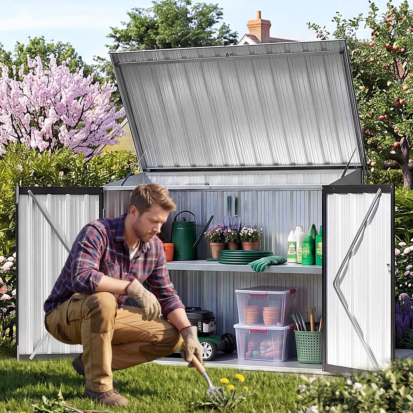 Aoxun 4×2ft (Overall Dimensions) Metal Garden Shed, Outdoor Storage and Sheds for Backyard Garage Lawn, Galvanized Outdoor Storage Shed with Openable Front & Top Doors and 1 Removable Shelf, Black