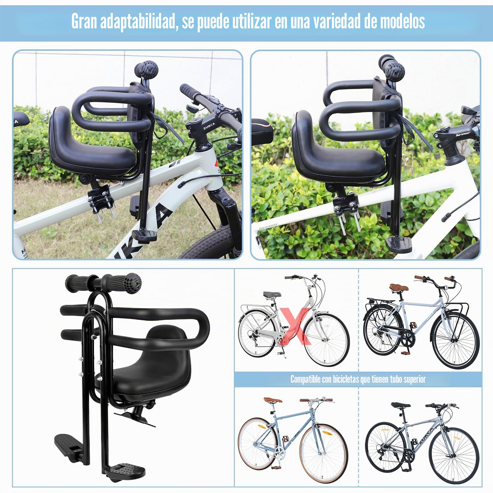 ZUKKA Asiento de bicicleta infantil – Soporte delantero, asiento delantero de bicicleta para niños con mango de barandilla, asiento de bicicleta para niños para bicicleta de adultos, asiento de