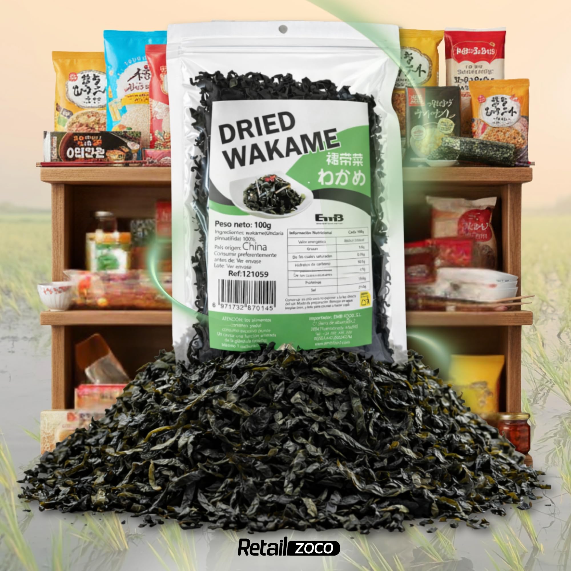 Wakame Sushi, Alga wakame deshidratada, ideal para ensaladas, combinar con verduras, añadir a sopas o hacer caldos, etc., Ensaladas y más, Contiene 1 bolsa de 100 gr