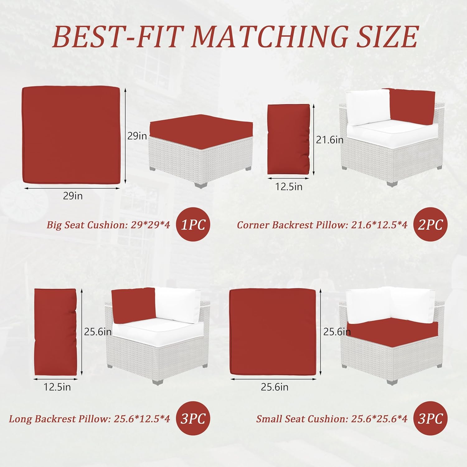 Outdoor Cushions for Patio Furniture with 5 Pillows, Waterproof Patio Furniture Cushions Replacement, 4" Deep Seat Outdoor Sectional Cushions for 4-seat Patio Furniture Chair Sofa Couch,Terra Red
