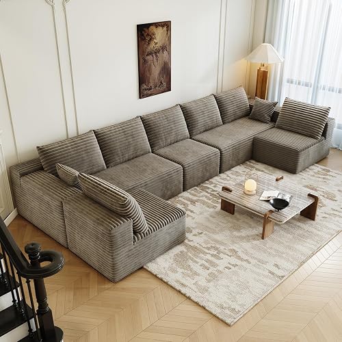 168.5" Modular Sectional Sofa, Oversized U-Shaped Minimalist Couches with 3 Middle Seats Chaise, Modern Deep Seat Convertible Sleeper Sofa, Cloud Plush Corduroy Fabric,7 Seater, Camel