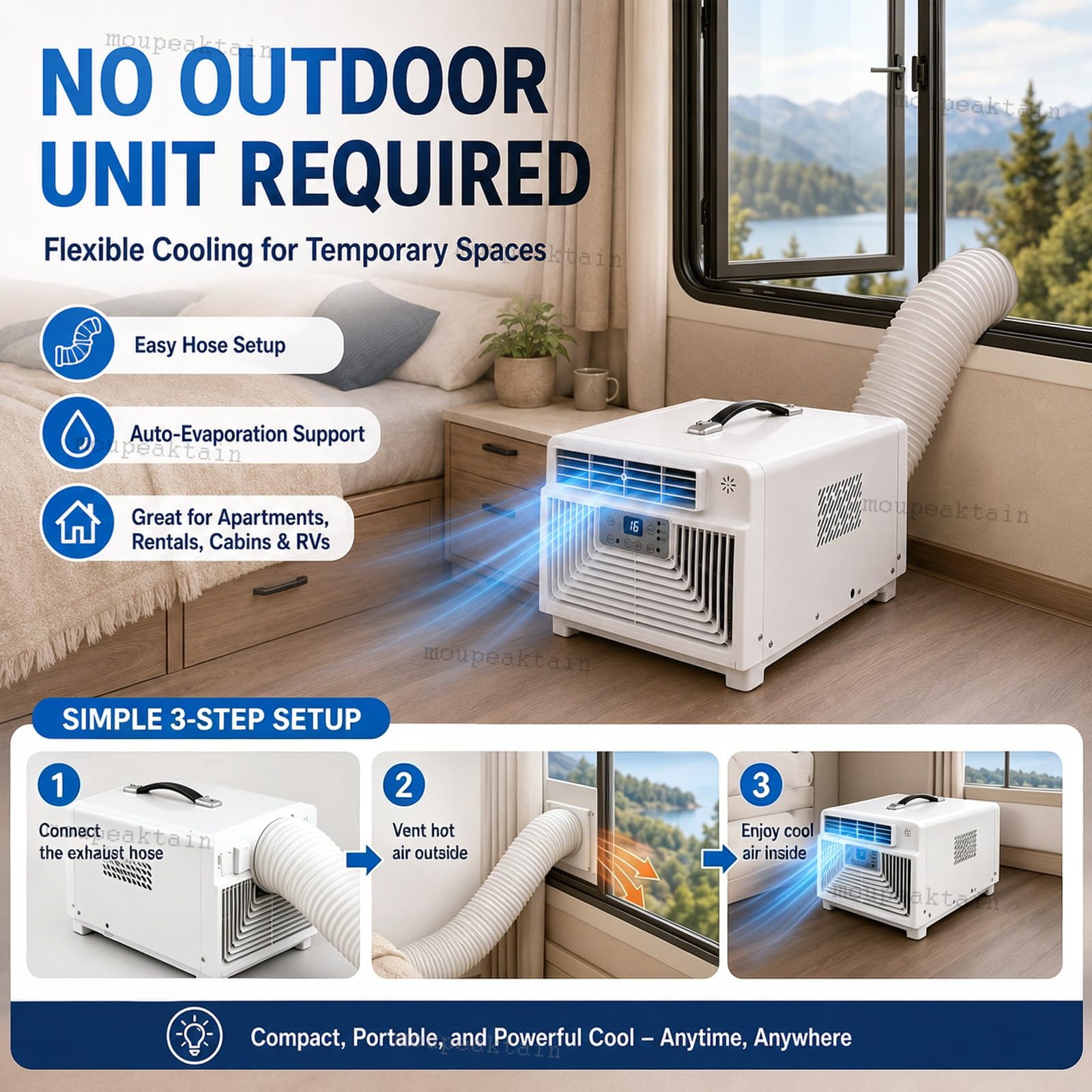 Aire Acondicionado 220V 3400 BTU, Climatizador Portátil 3 En 1 con Frío, Deshumidificador Y Ventilador Mando a Distancia, Temporizador 12h, para Autocaravana, Camión Y Habitación Pequeña