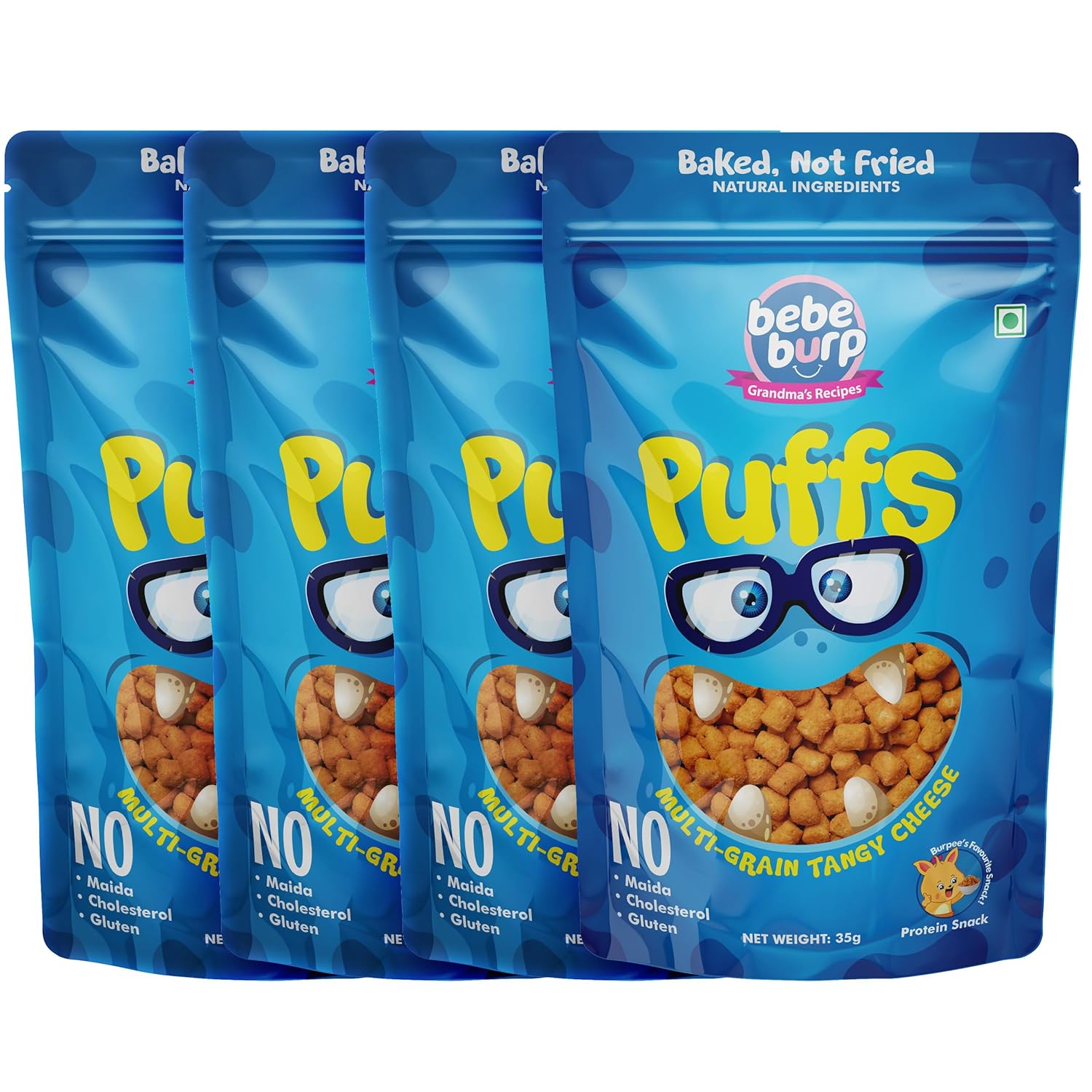 BE'BE' BURP Healty Organic Puff Snacks | Multigrain Tangy Cheese | Not Fried, Baked Puffs Protein Snacks | No Maida & Gluten-Free | Travel-Friendly | 35Gms Each (Pack Of 4)