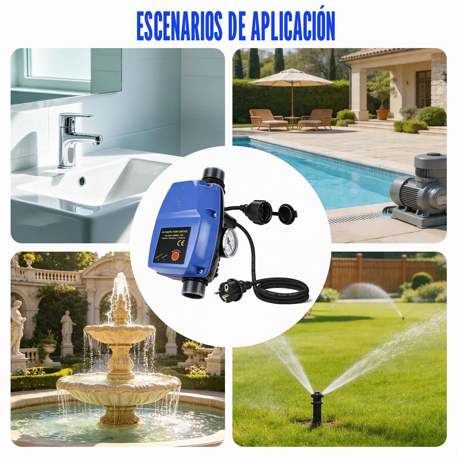 Control de bomba, bomba de aumento de presión de agua con protección contra marcha en seco, indicador de presión y cable, control de bomba IP65, interruptor de presión máx. 10 bar, presostato