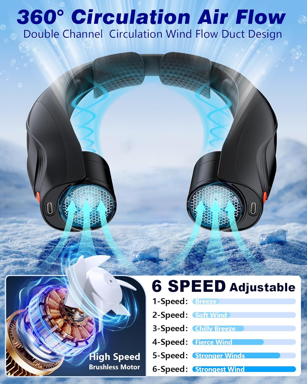 Neck Fan, AI 6 Speeds Powerful Portable Fan, 6000mAh Long-Lasting Battery Faster Cooling, USB-C Rechargeable, Hands-Free, 360° Airflow, Quiet Personal Fan for Women Men Office Travel Outdoor
