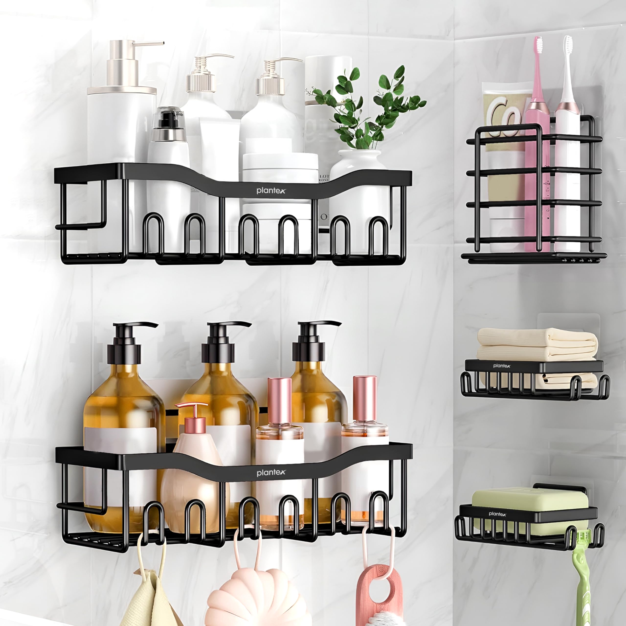 Plantex No Drill Bathroom Organiser Set of 5 Pieces with Self Adhesive Bathroom Shelves/Soap Stands/Toothbrush and Paste Holder - Black, Pack of 5-image-10