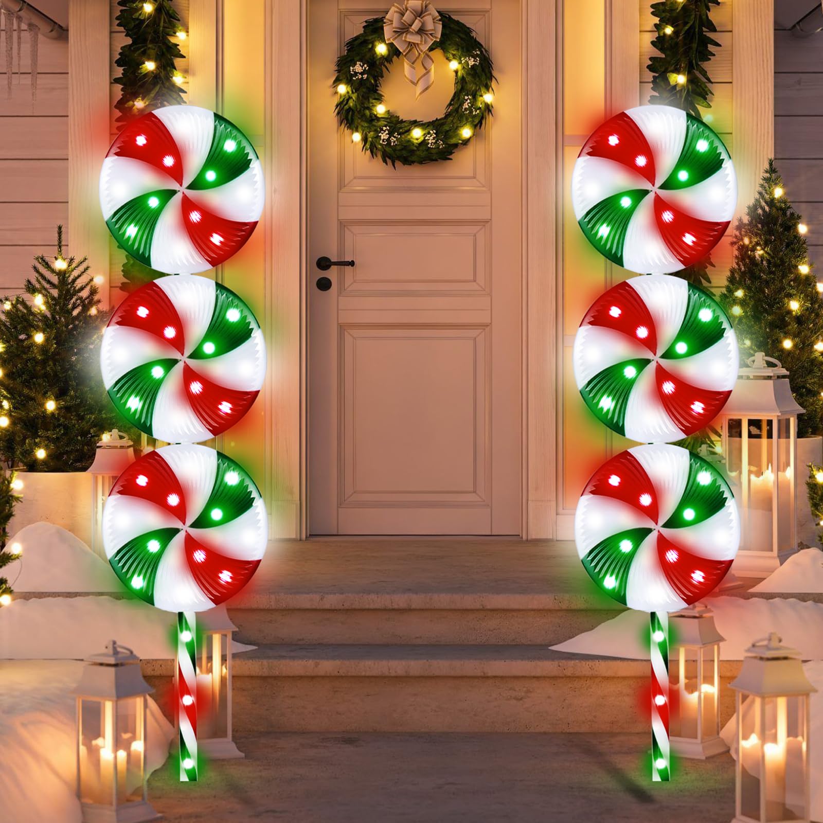 37.5 Inch Giant Lollipop Christmas Lights Outdoor Decoration, 2 Pcs Plastic Peppermint Candy Cane Lights 8 Modes Waterproof, Pathway Lights for Porch Walkway Yard Signs - Red Green White
