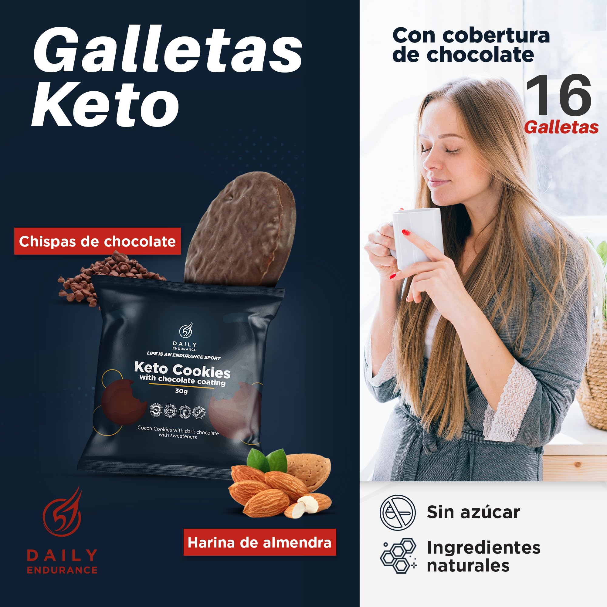 Keto Cookies Senza Zucchero - 16 Biscotti Keto - Rivestiti di Cioccolato - Snack Keto - Alimenti Ketogenici Low Carb & Paleo - 480g - Daily Endurance