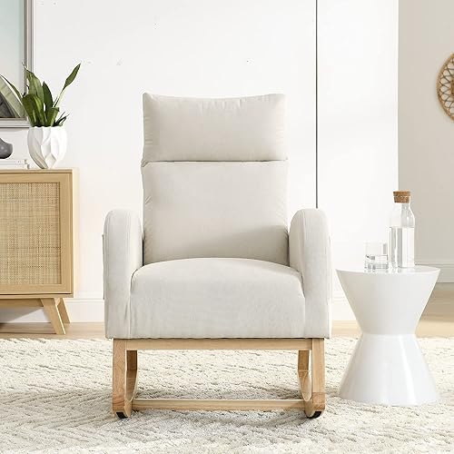 Miniatura 10 de Krinana Mecedora de tela de peluche, sillón mecedora con patas de madera maciza, silla planeadora con respaldo alto para sala de estar y apartamento
