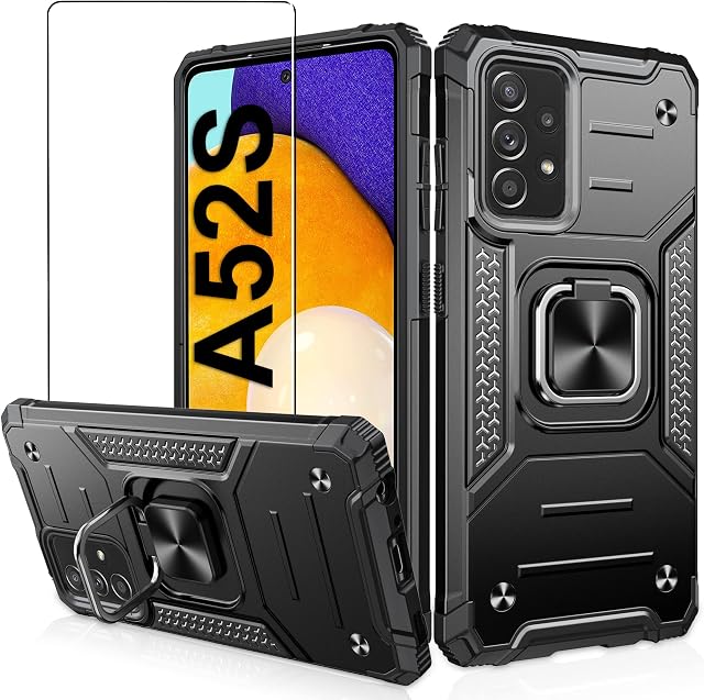 Jshru Designed for Samsung A52S/A52 5G Case with Screen Protector, Military-Grade Drop Protection,A52S 5G Case for Women & Men,with Ring Kickstand,Shockproof Bumper Case for Samsung Galaxy A52,Black
