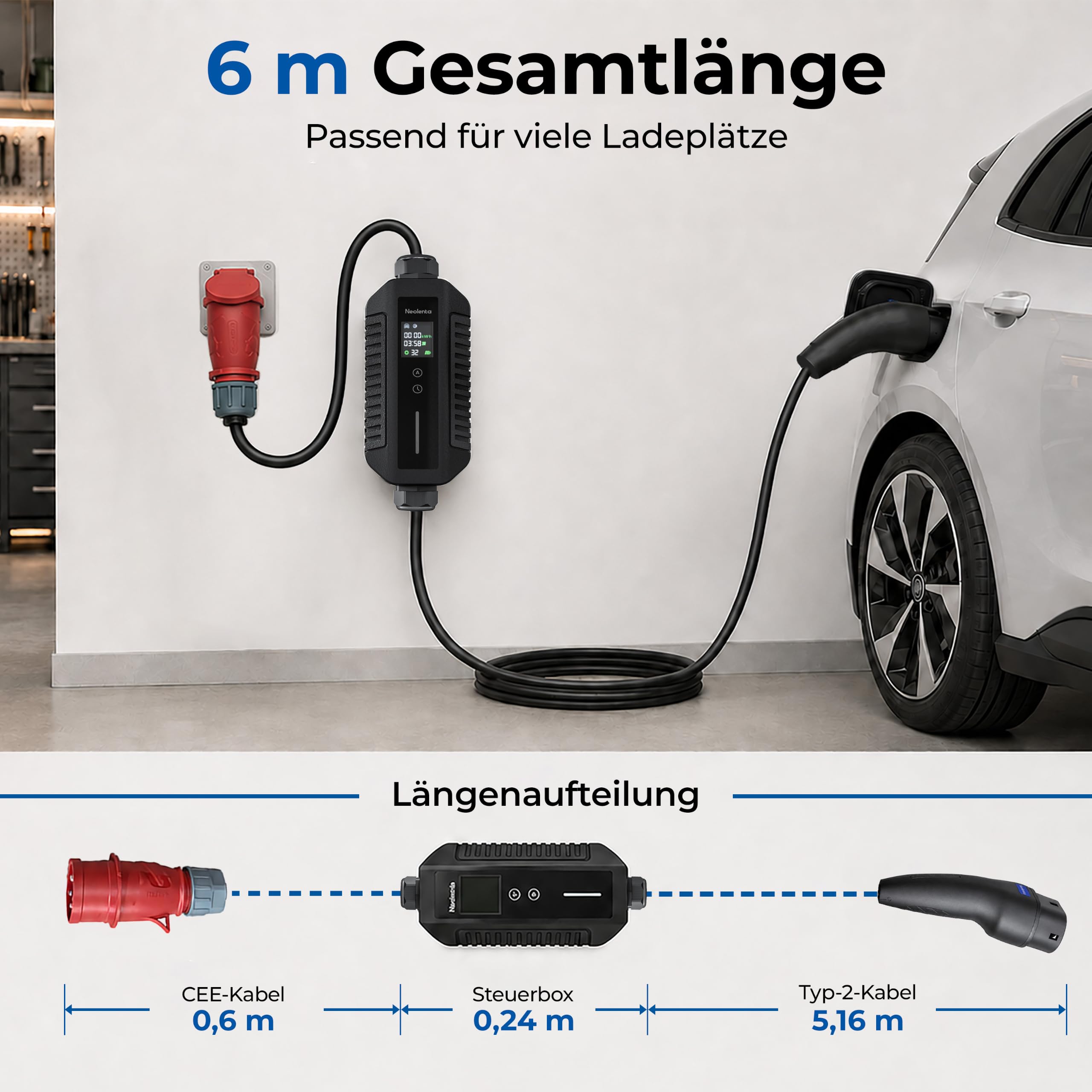 Mobile Wallbox 22kW Ladekabel Typ 2 6 m für Auto, mobiles Ladegerät mit CEE 32A 3-Phasen, Einstellbarer Strom 6A–32A, integrierter RCD, für Zuhause und unterwegs