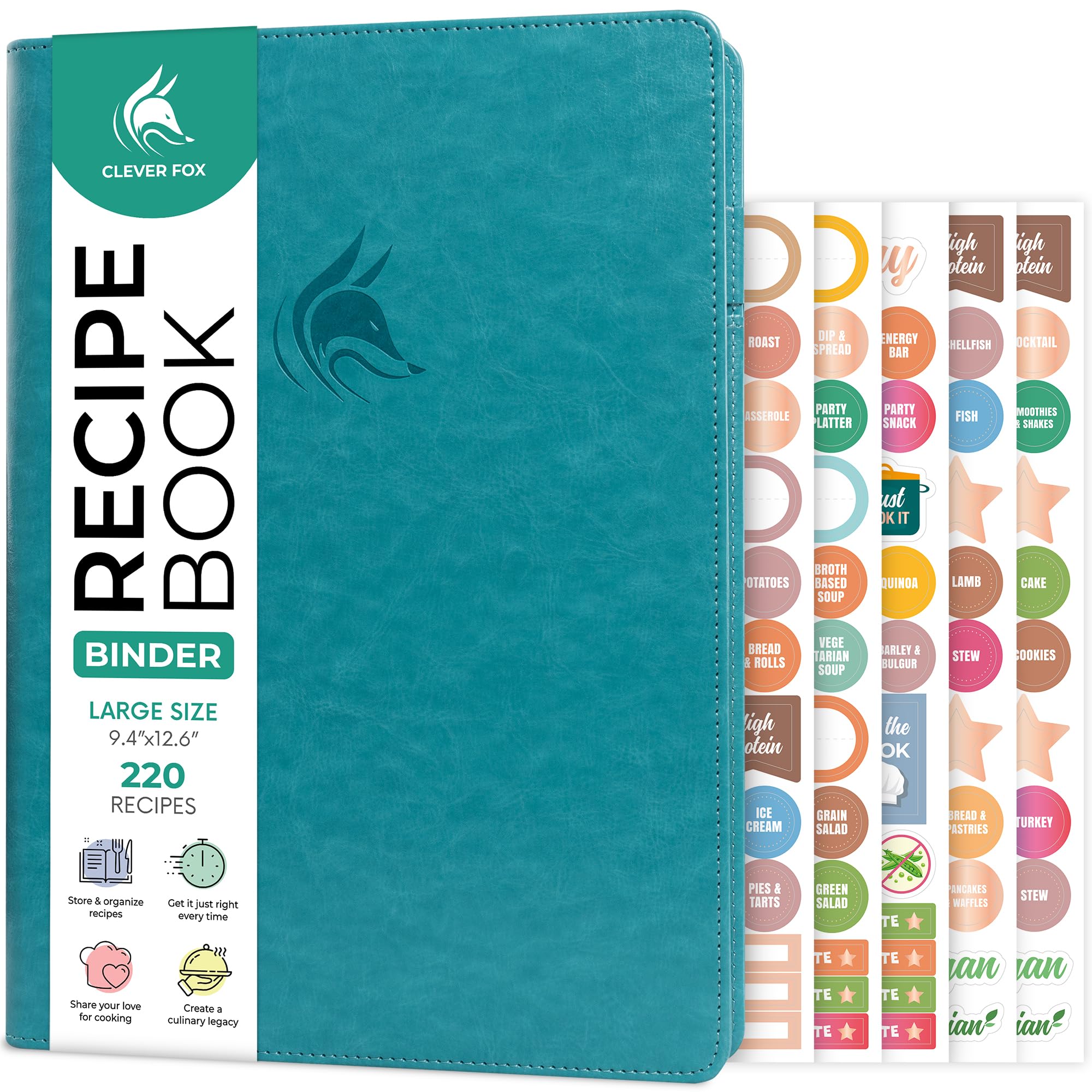 Clever Fox Raccoglitore per ricette con linguette, organizer ad anelli con pagine bianche per scrivere le tue ricette, libro di cucina di famiglia personalizzato, 220 ricette, 23,9 x 32 cm (turchese)