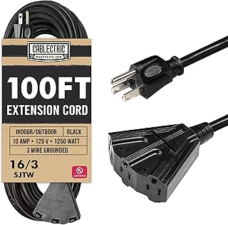 Cablectric 3 Outlet Black Extension Cord 100 ft, 16/3 SJTW Weatherproof Outdoor Extension Cord with Multiple Outlets 3 Prong, Heavy Duty Exterior Power Cable for Outside, Landscaping & Lawn