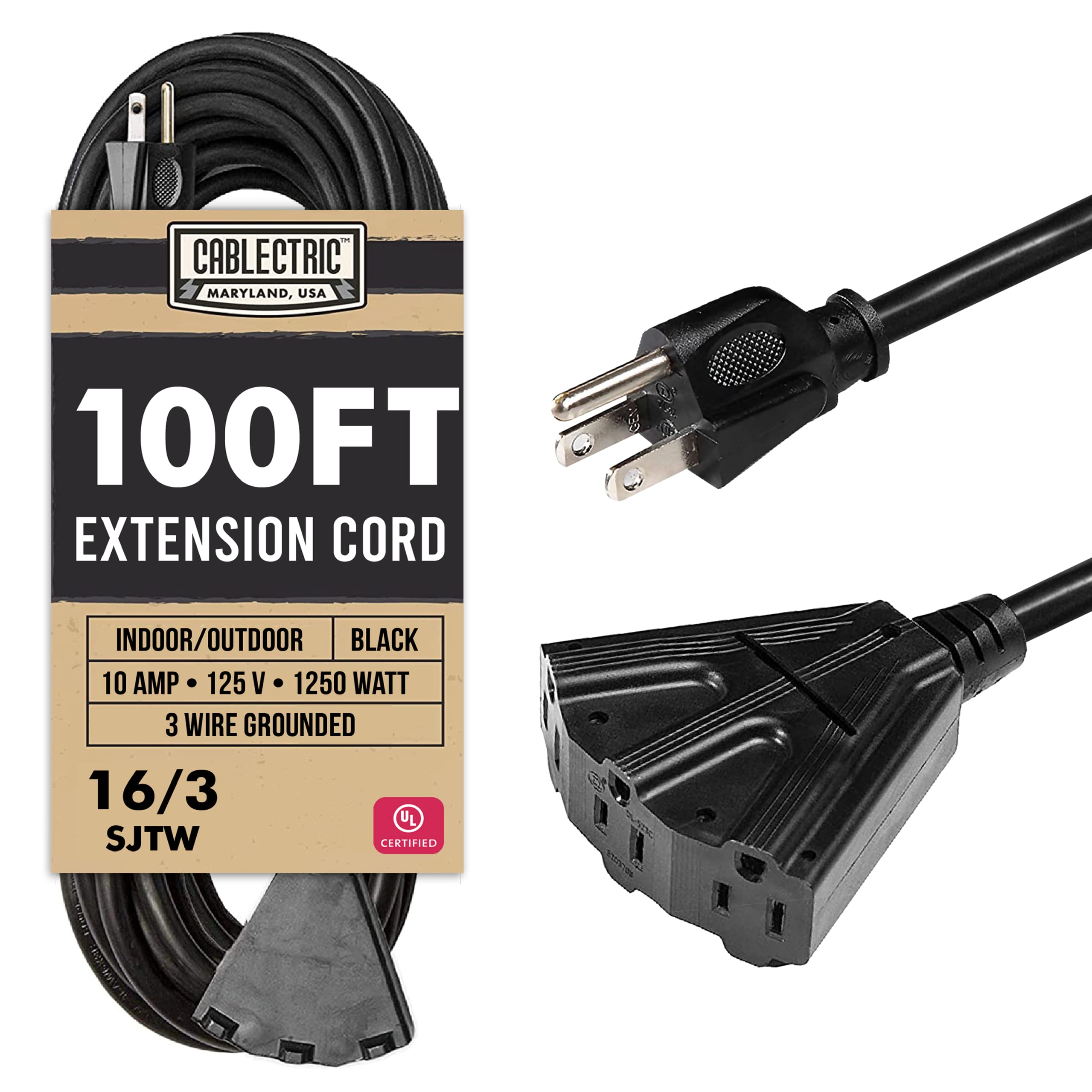 Cablectric Rallonge extérieure de 3 m avec 3 prises d'alimentation – 16/3 SJTW vert de calibre 16, câble électrique résistant aux intempéries avec prise de terre à 3 broches pour décorations
