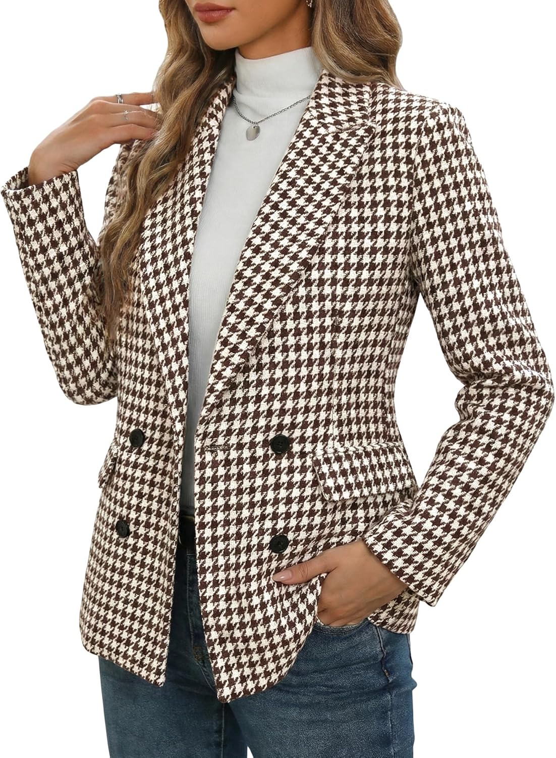 Mina Self 2026 Spring Women's Tweed Houndstooth Blazer Jacket - Plaid Fully-Lined Double-Breasted Casual Work Trendy Pocket - Image 4