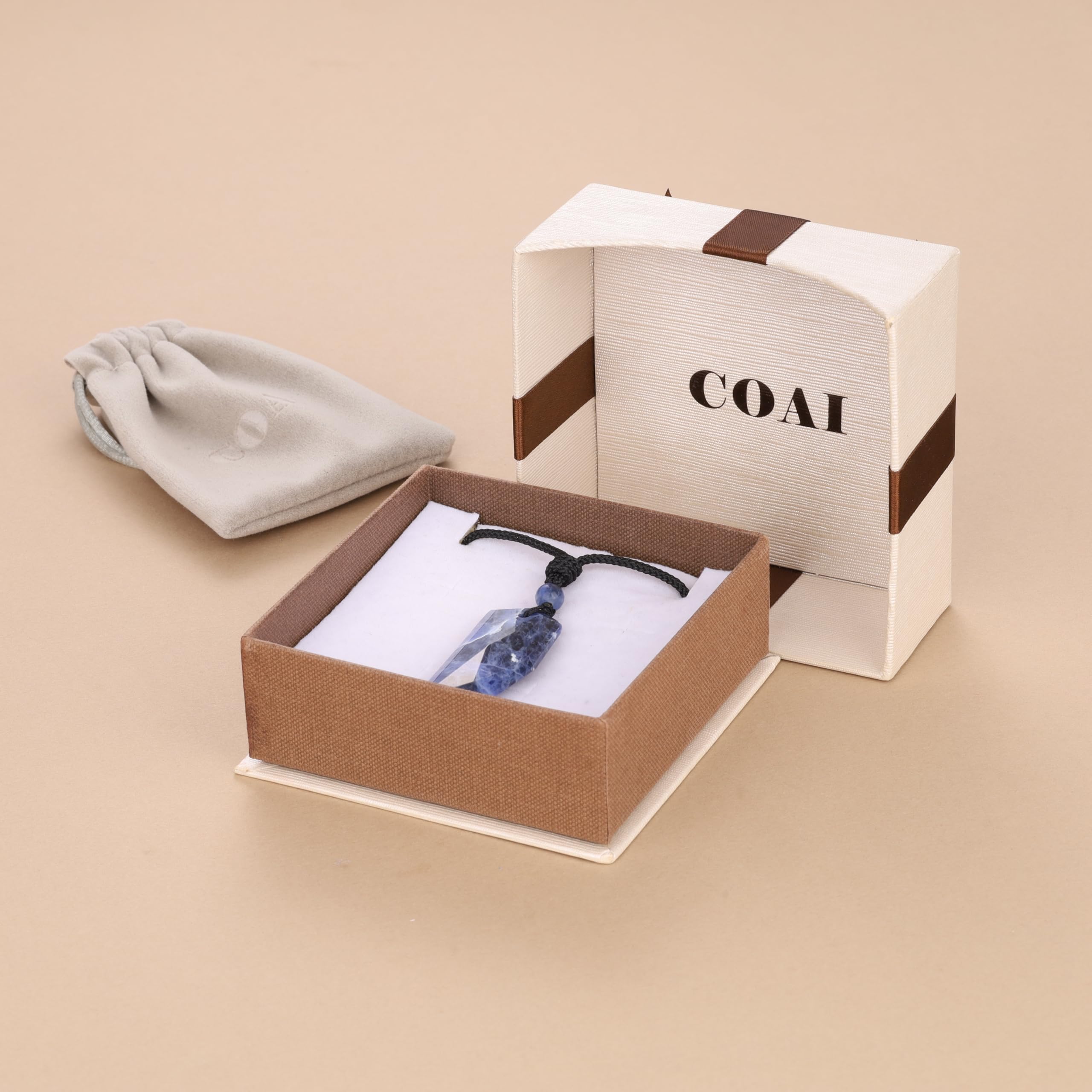 COAI Pendente Dente di Lupo in Pietre Naturali, Collana Pendente Unisex con Laccio Regolabile